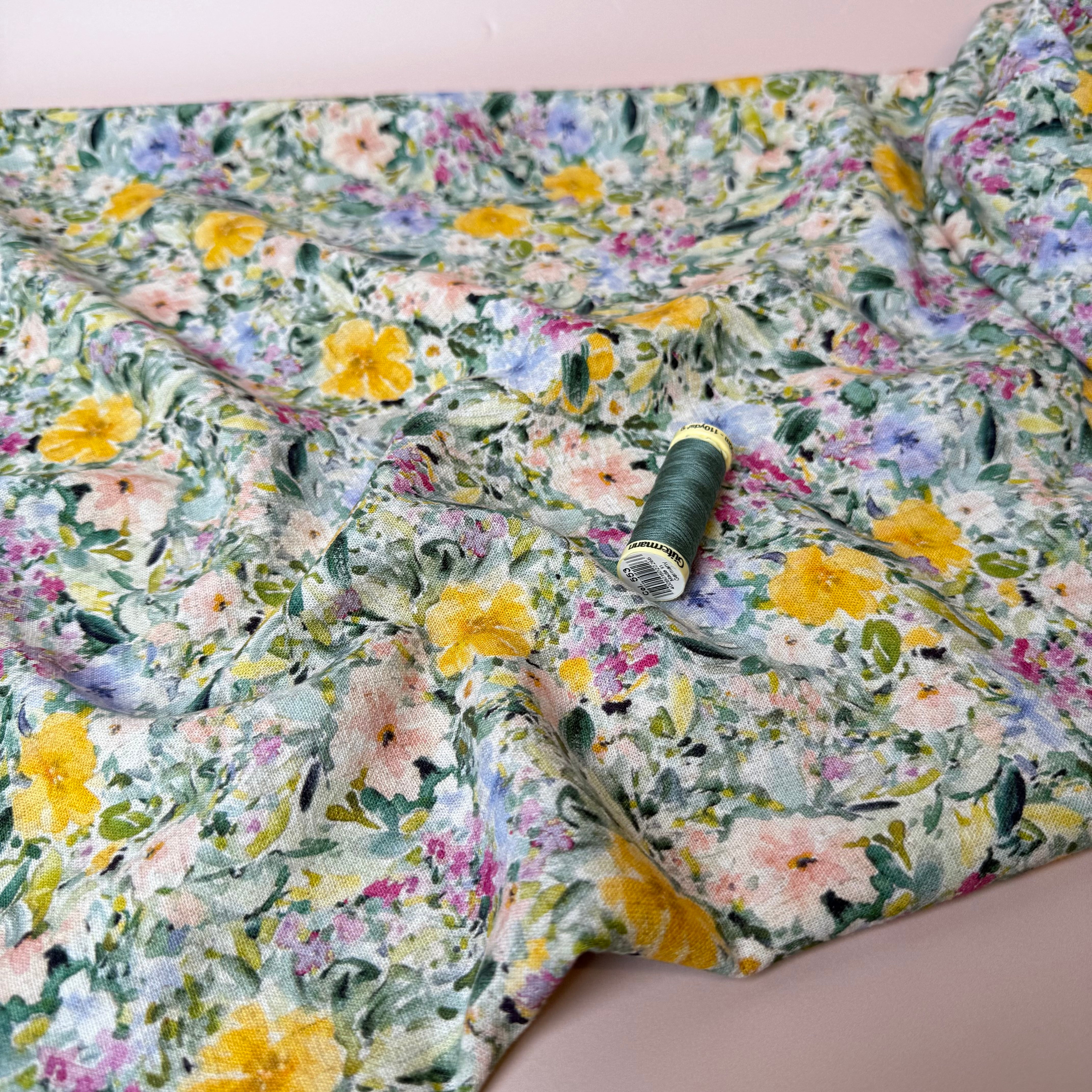 Green Spring Meadow Viscose Linen Crepe Fabric