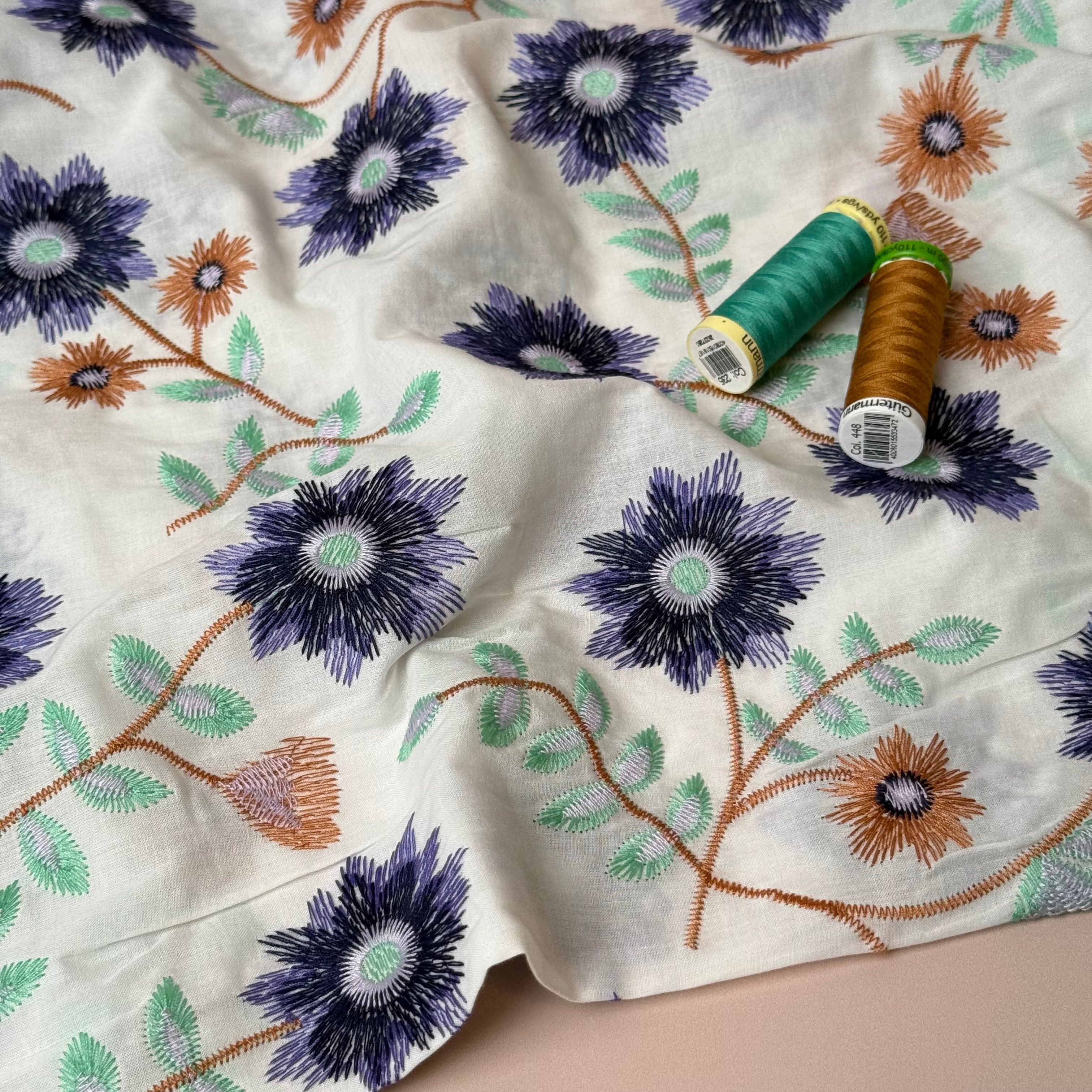 Embroidered Flowers on Cotton Fabric