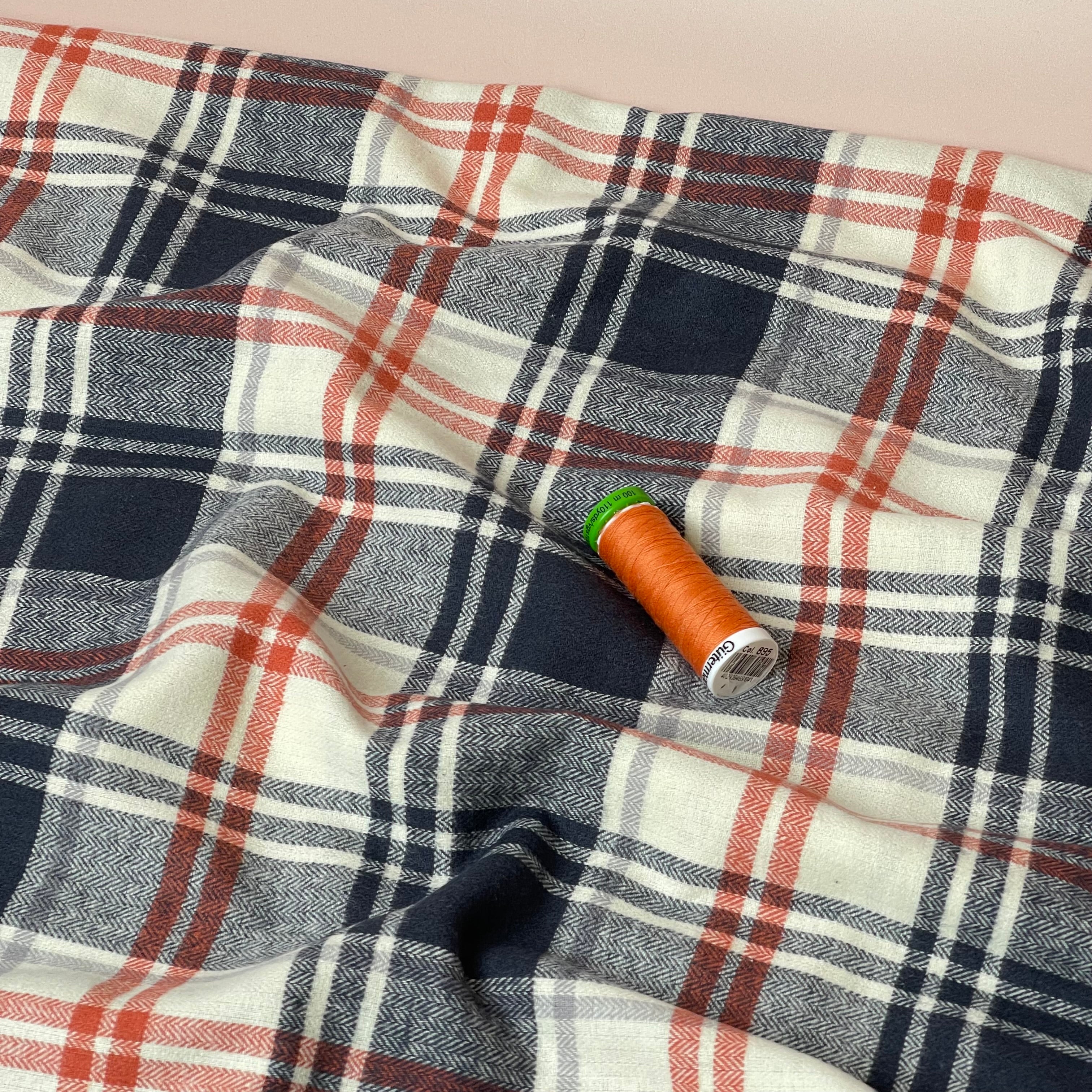 Checked Navy & Rust Brushed Cotton Flannel