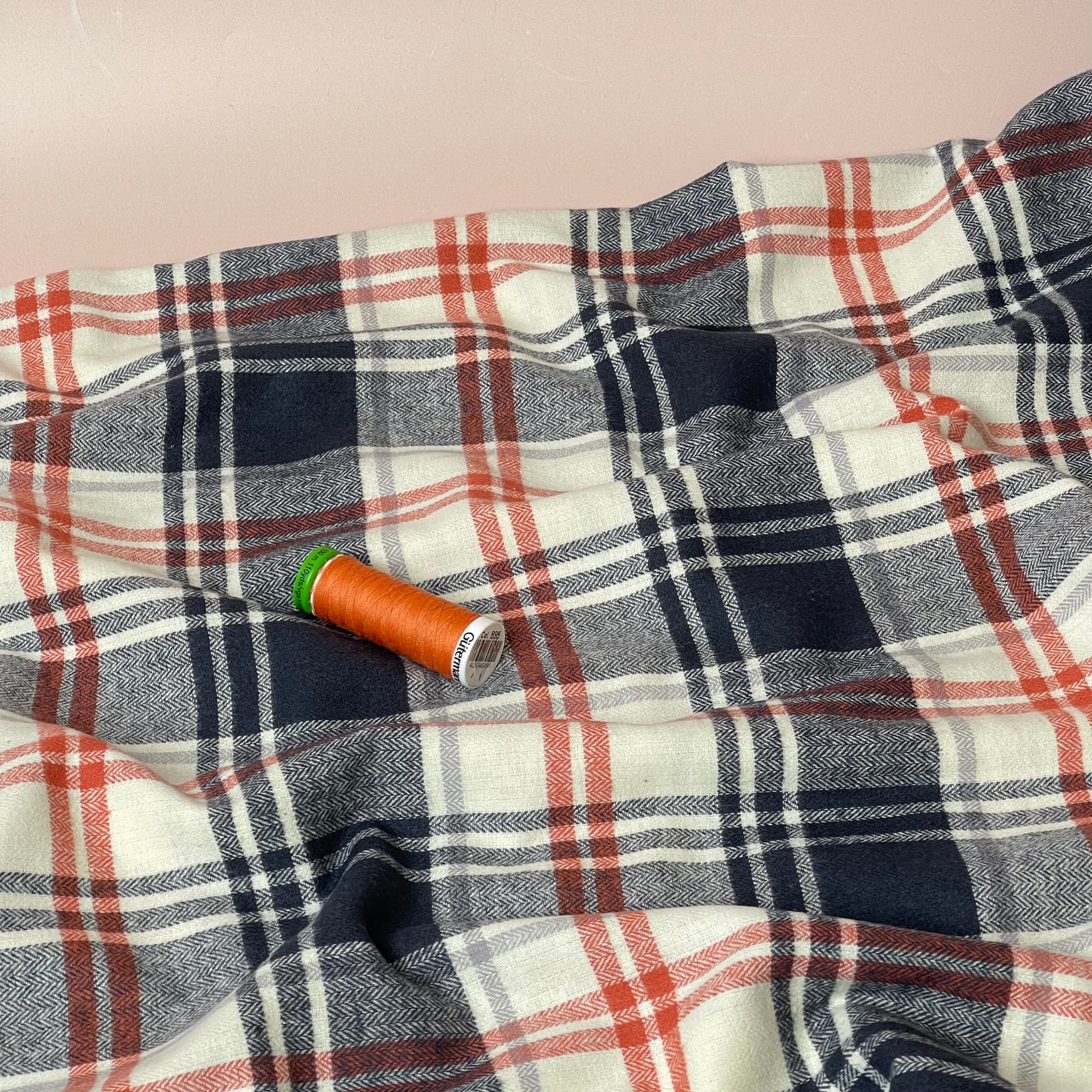 Checked Navy & Rust Brushed Cotton Flannel