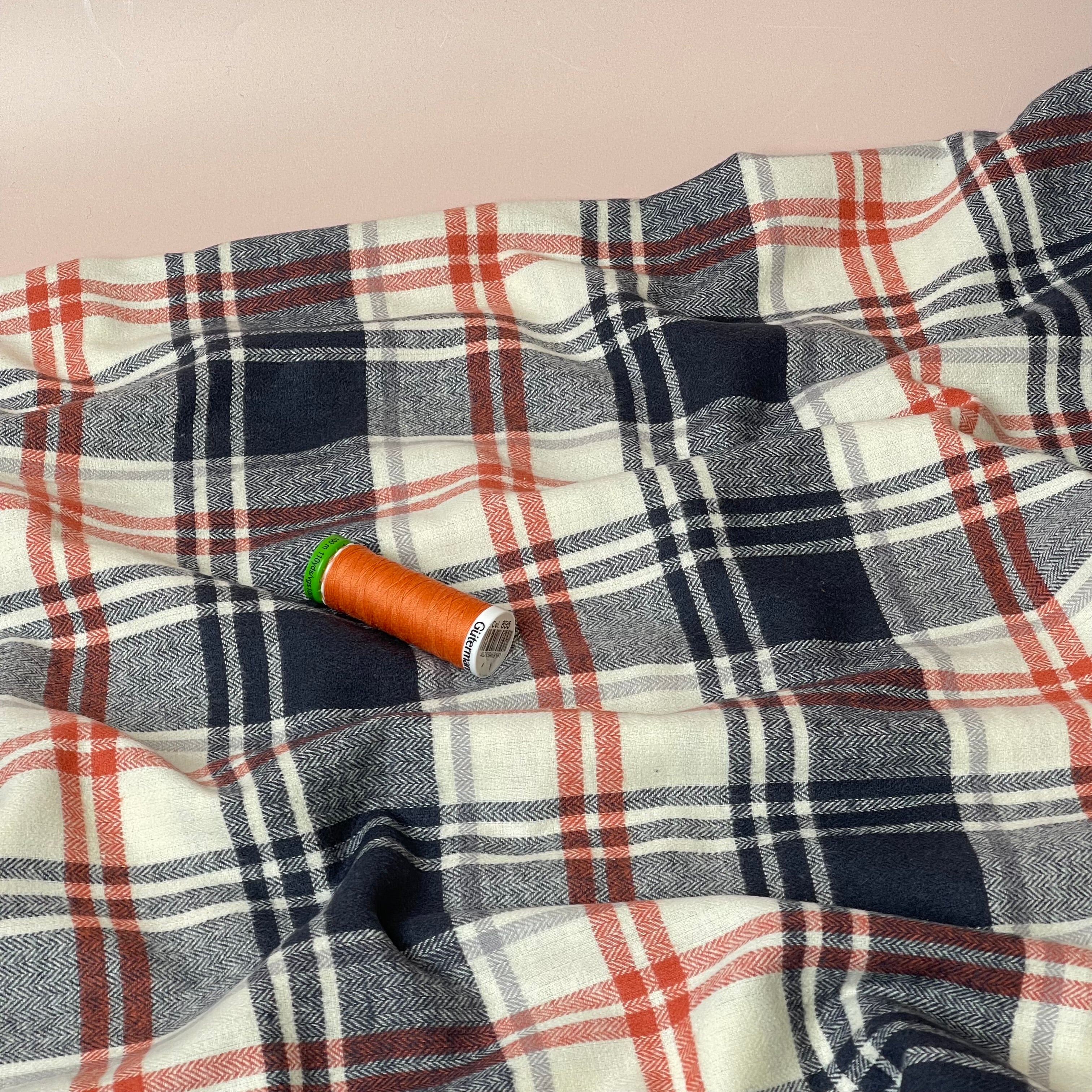 Checked Navy & Rust Brushed Cotton Flannel