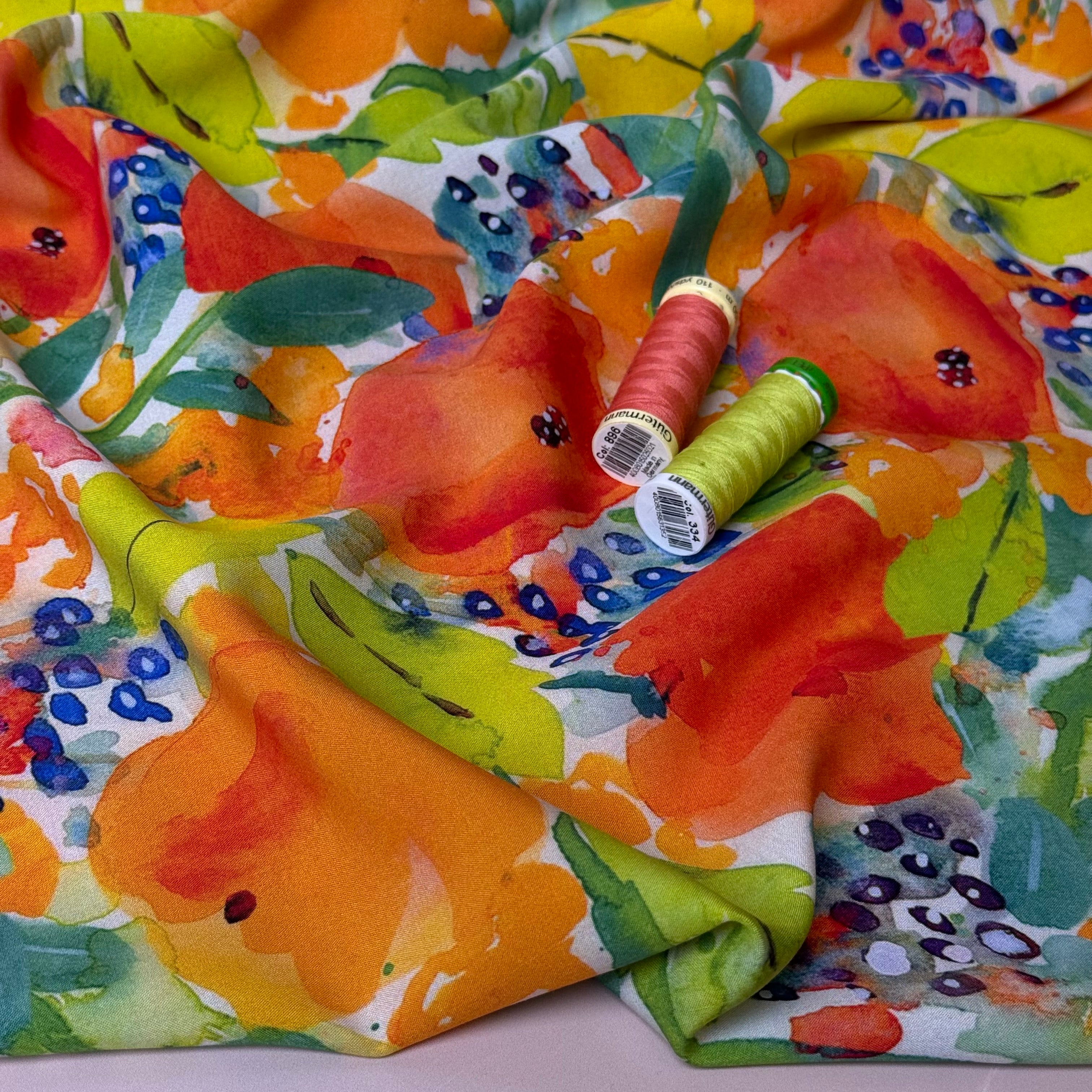 Vibrant Watercolour Flowers Viscose Fabric