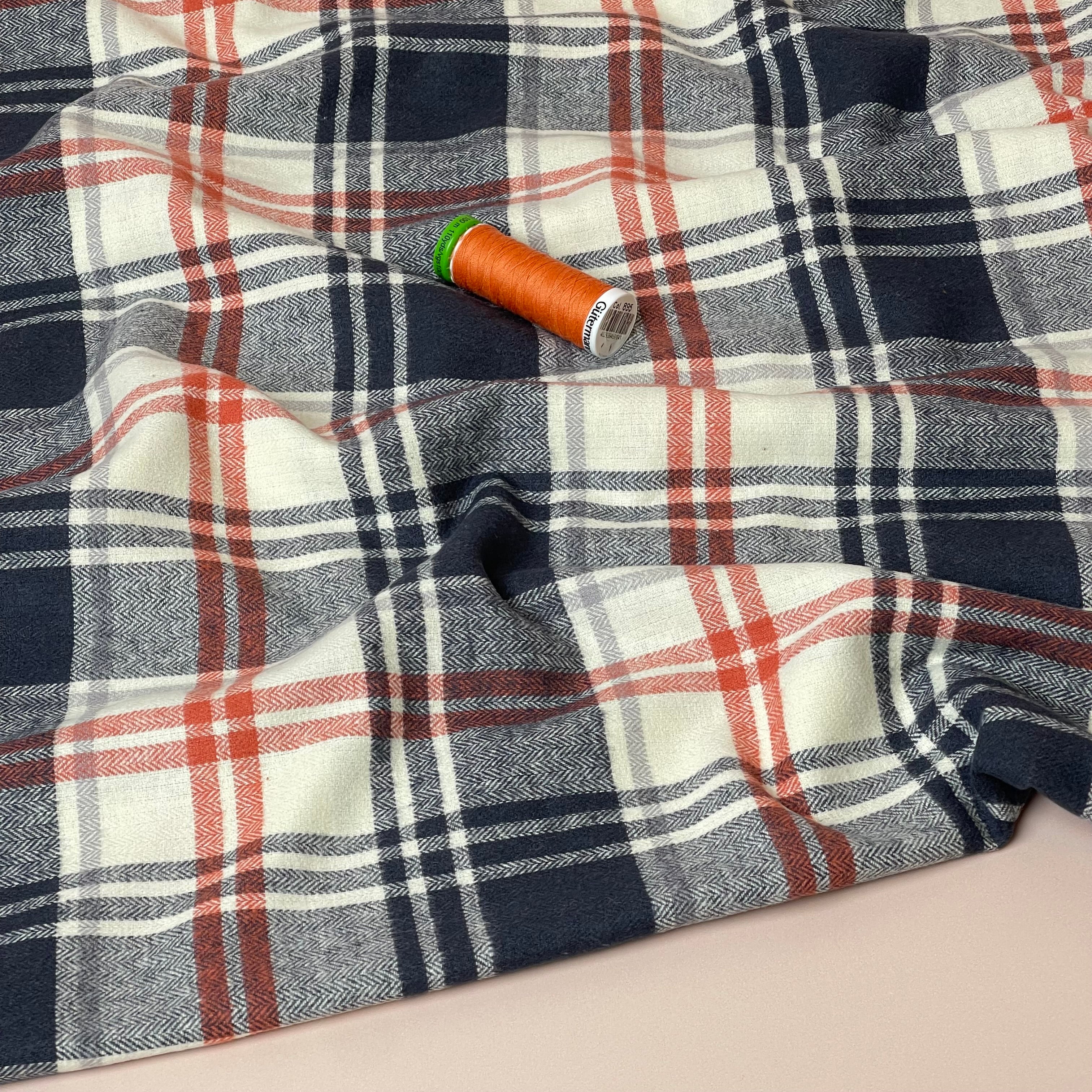 Checked Navy & Rust Brushed Cotton Flannel