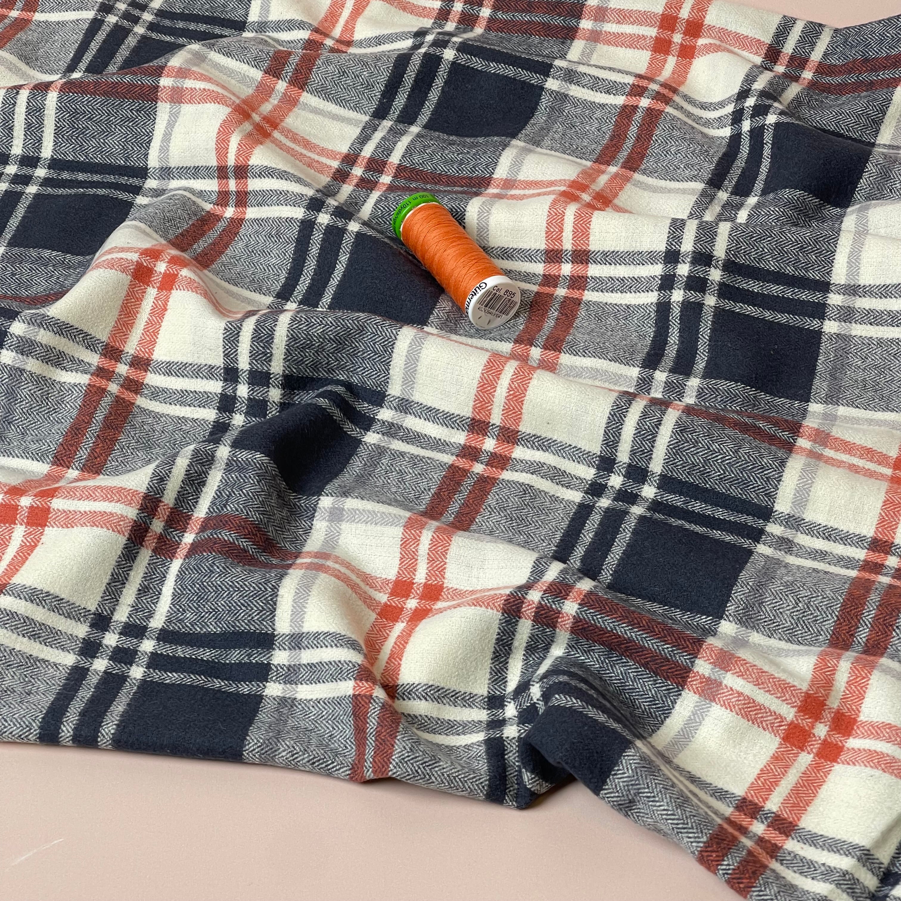 Checked Navy & Rust Brushed Cotton Flannel