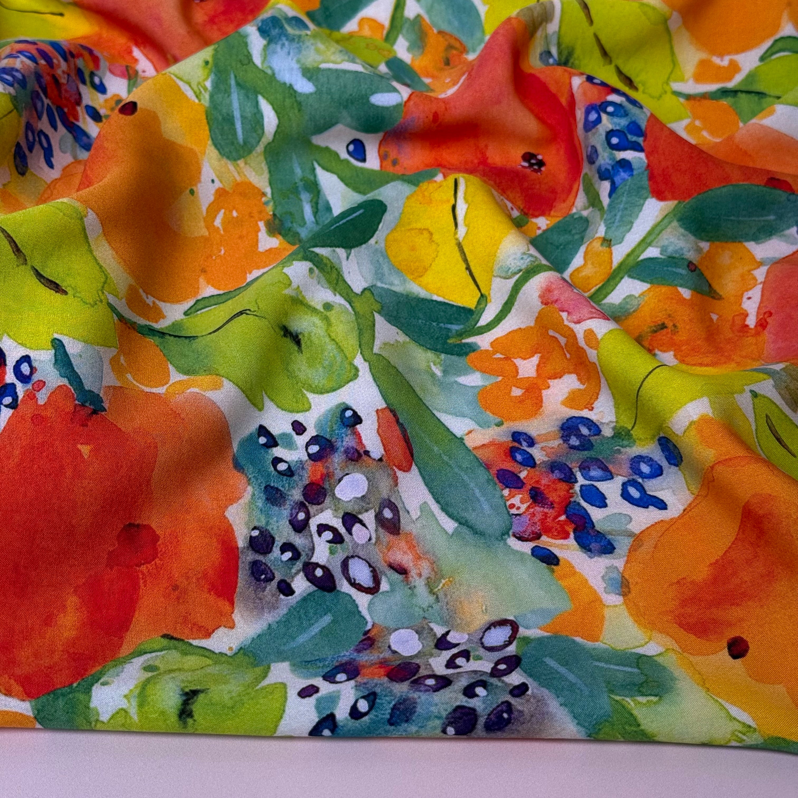 Vibrant Watercolour Flowers Viscose Fabric