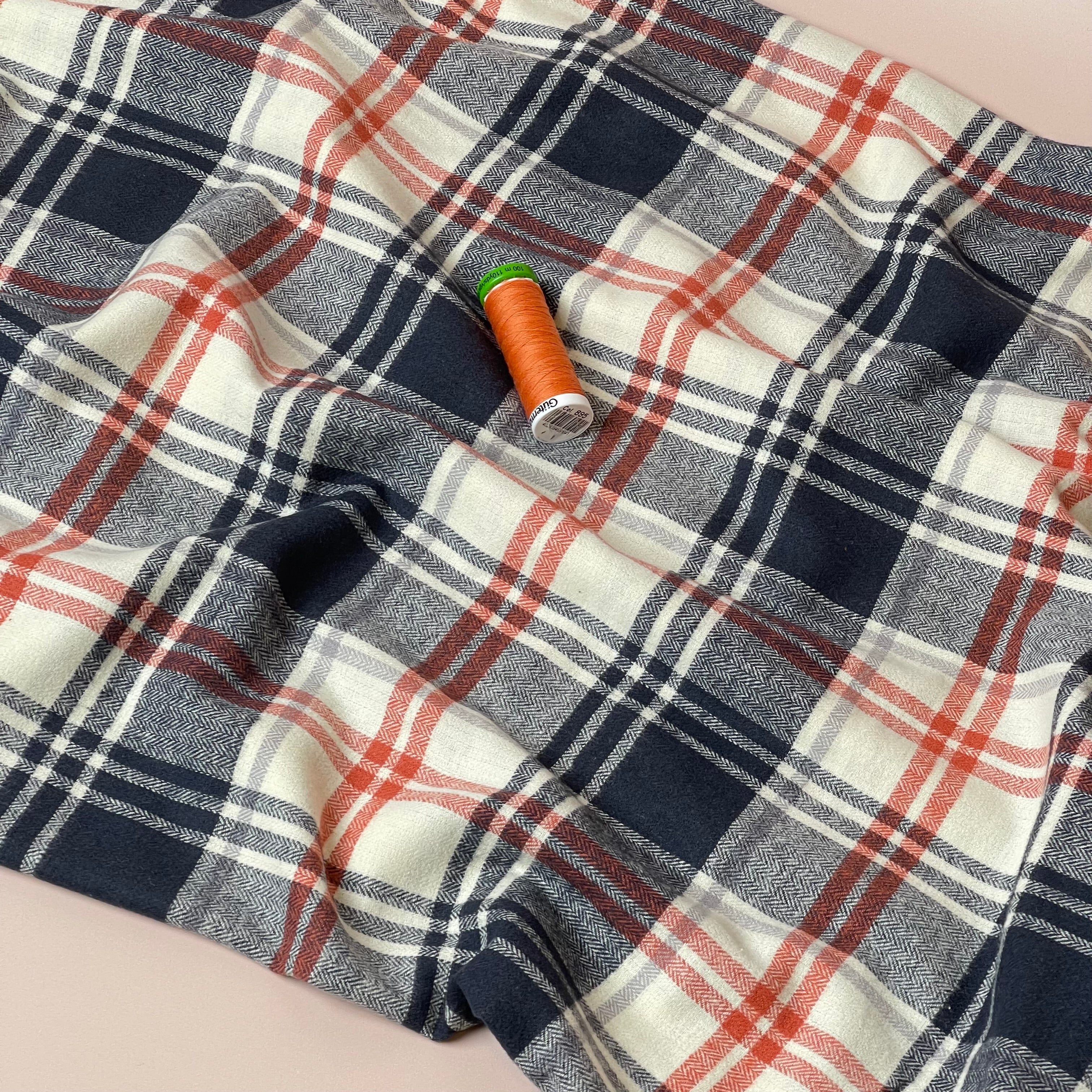 Checked Navy & Rust Brushed Cotton Flannel