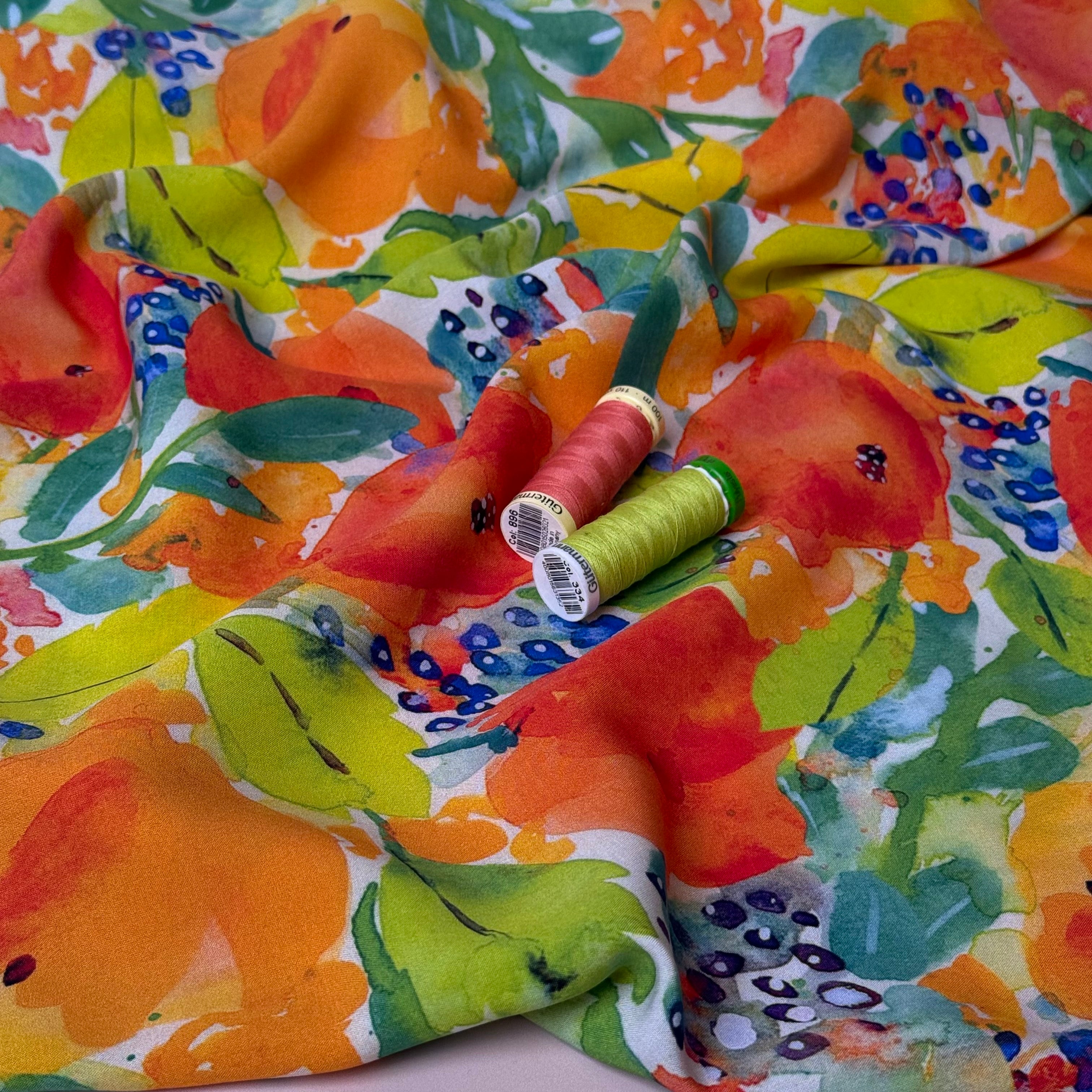 Vibrant Watercolour Flowers Viscose Fabric