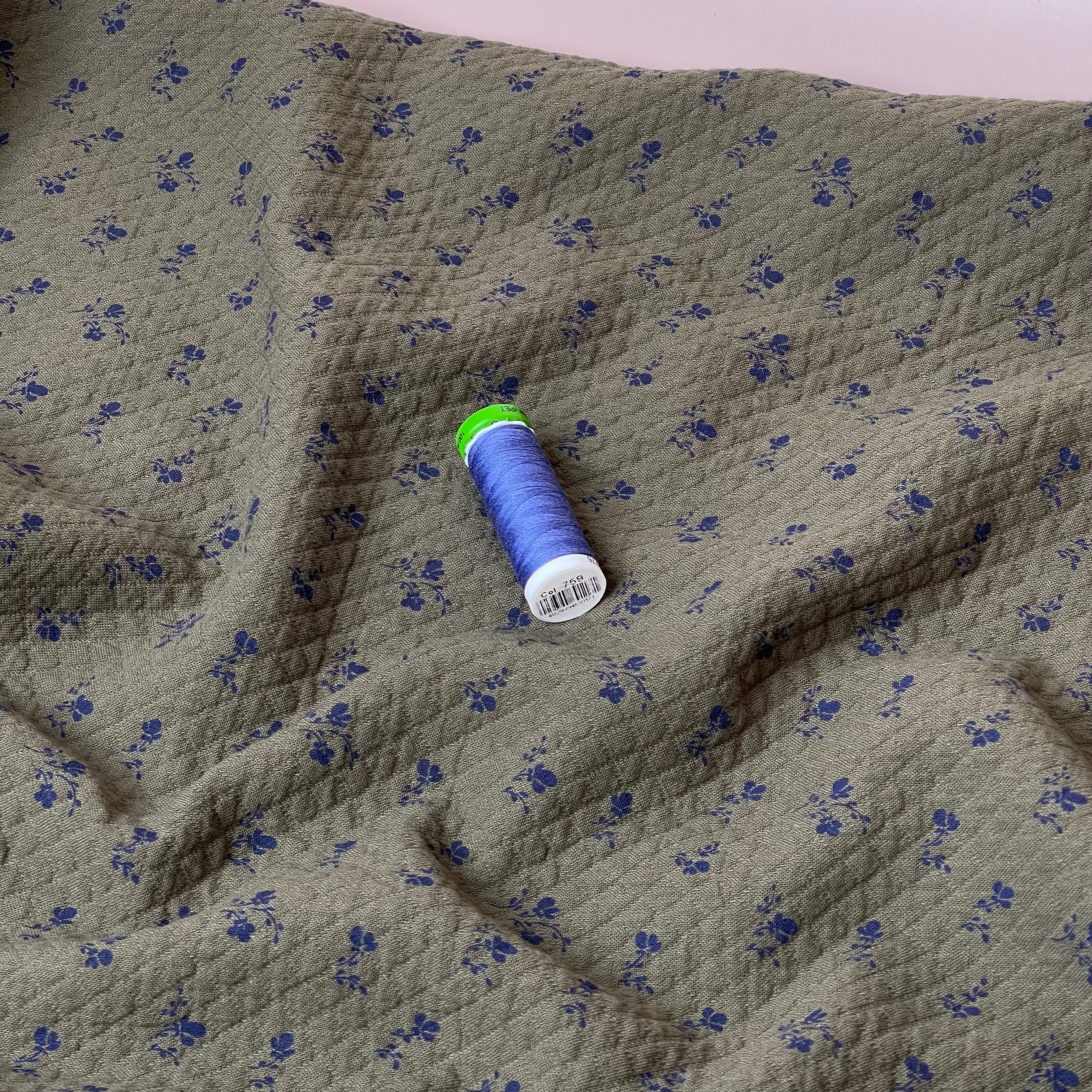 Ditsy Blue Flowers Olive Cotton Diamond Jacquard Fabric