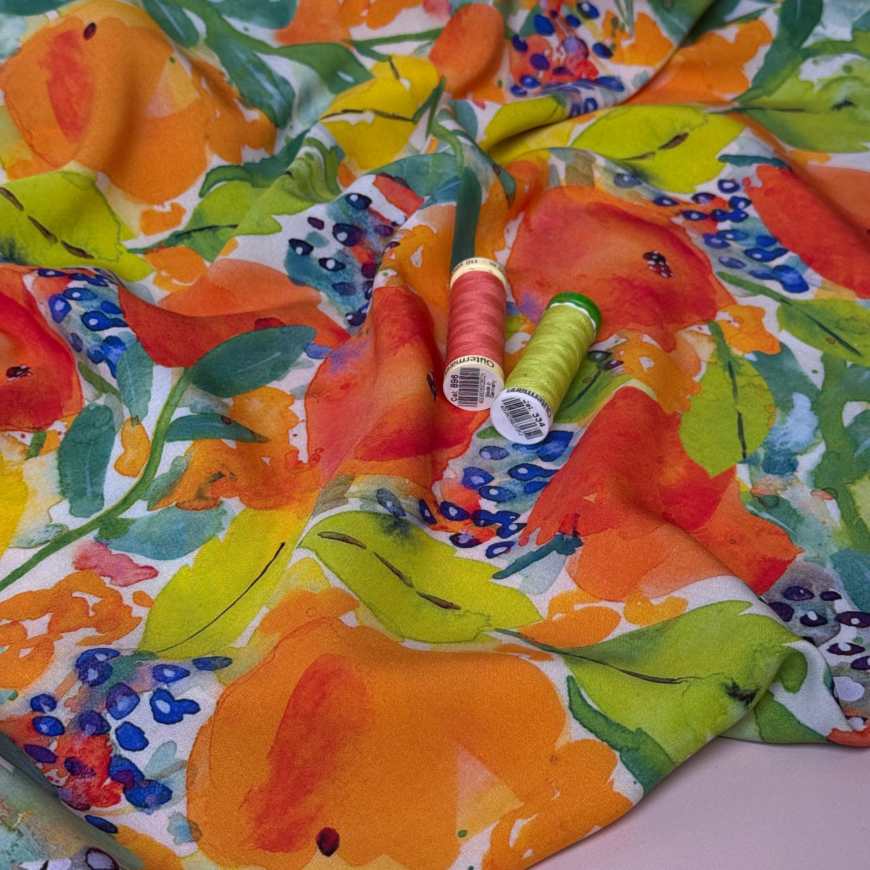 Vibrant Watercolour Flowers Viscose Fabric