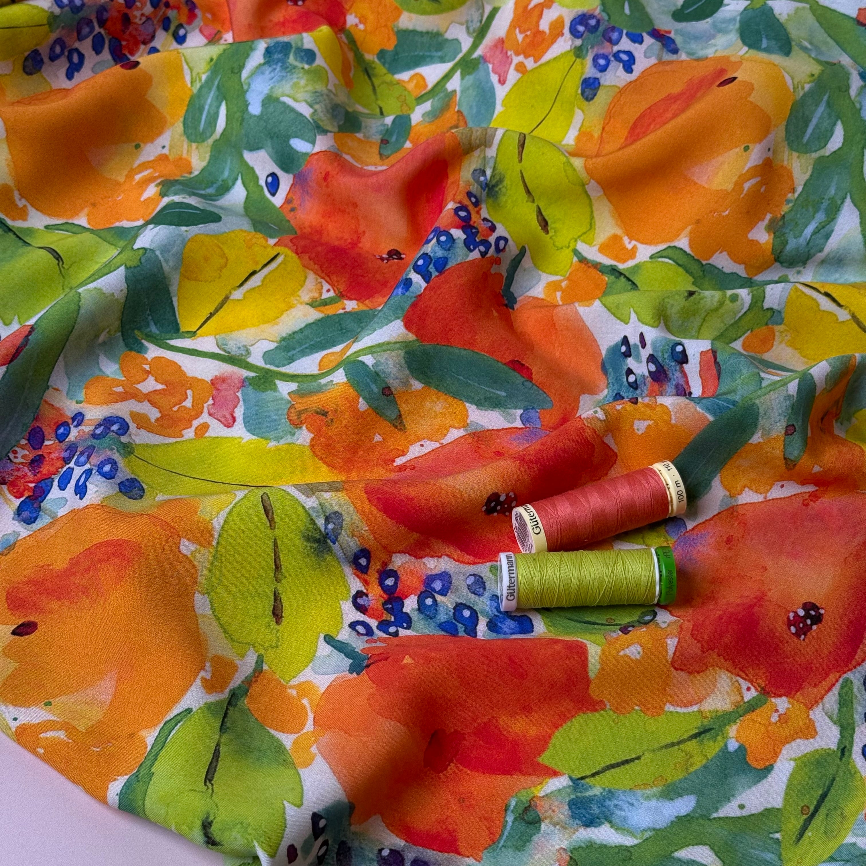Vibrant Watercolour Flowers Viscose Fabric