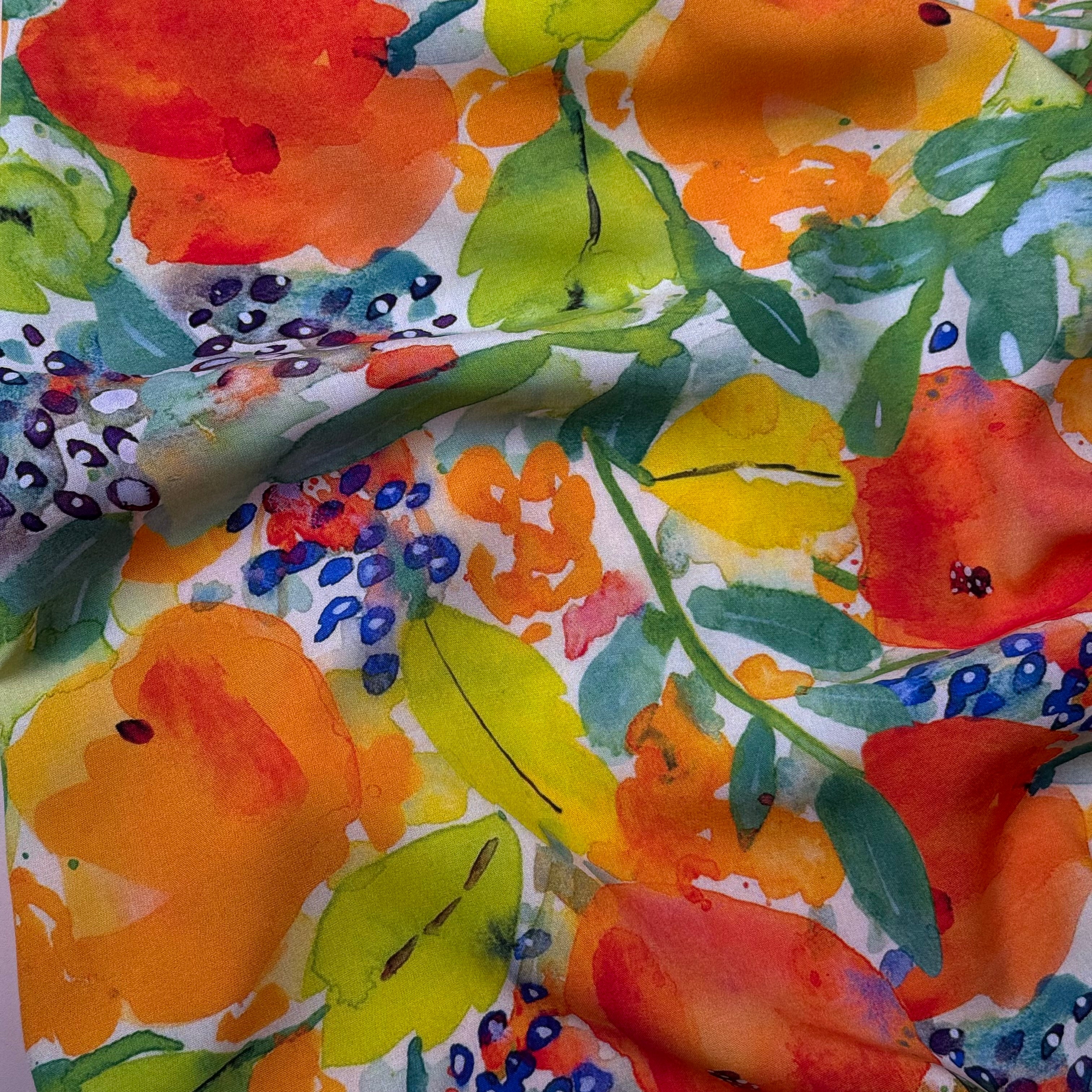 Vibrant Watercolour Flowers Viscose Fabric