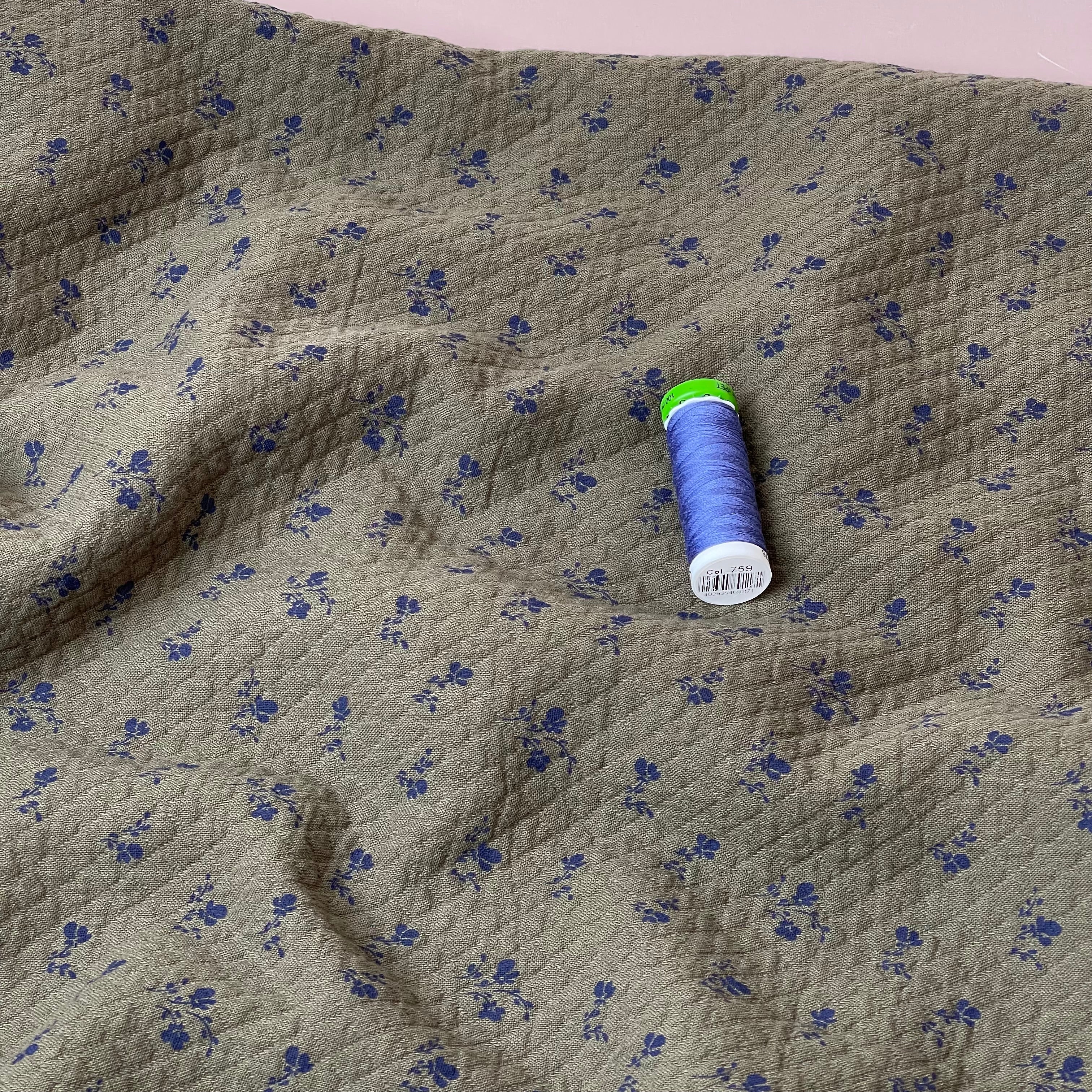 Ditsy Blue Flowers Olive Cotton Diamond Jacquard Fabric