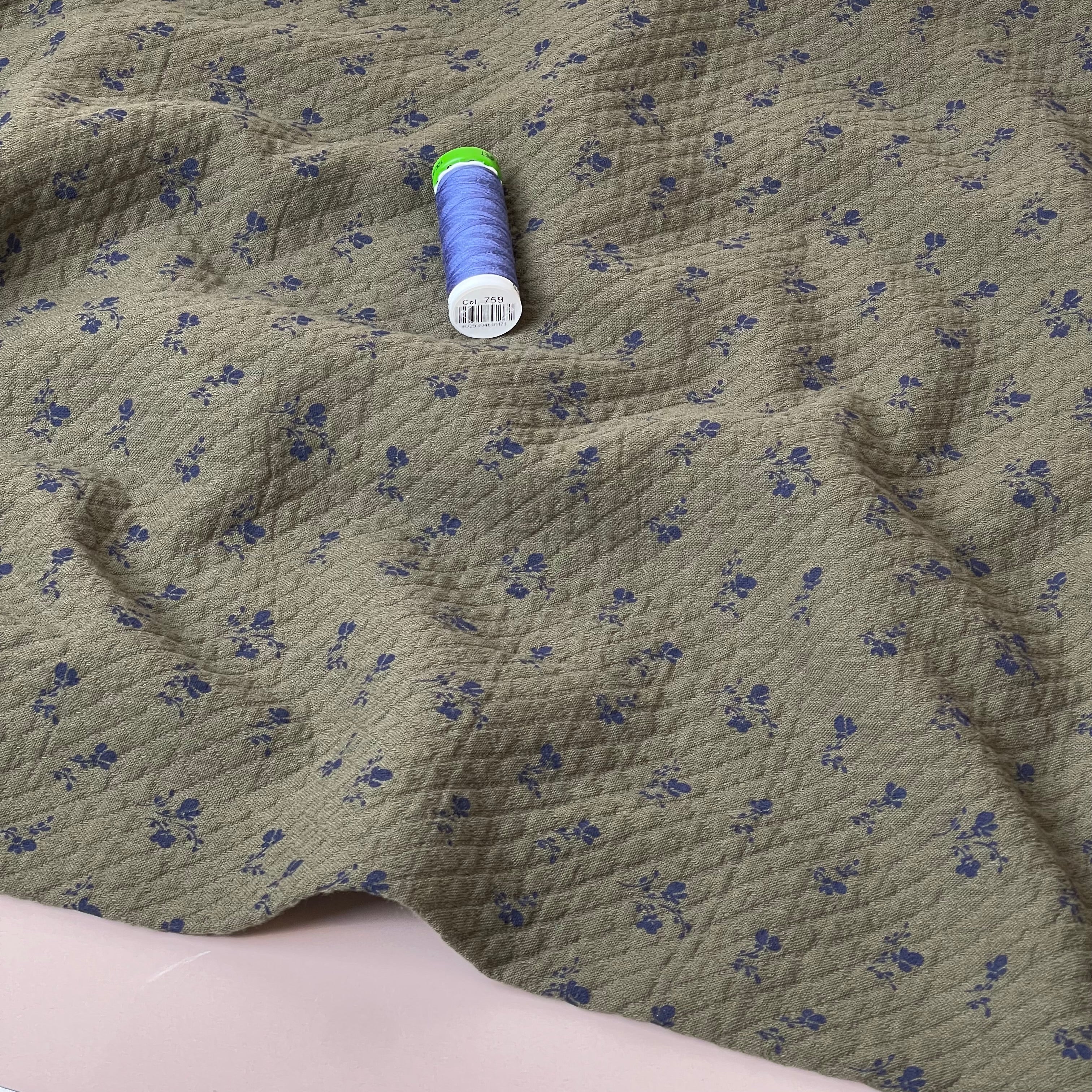 Ditsy Blue Flowers Olive Cotton Diamond Jacquard Fabric