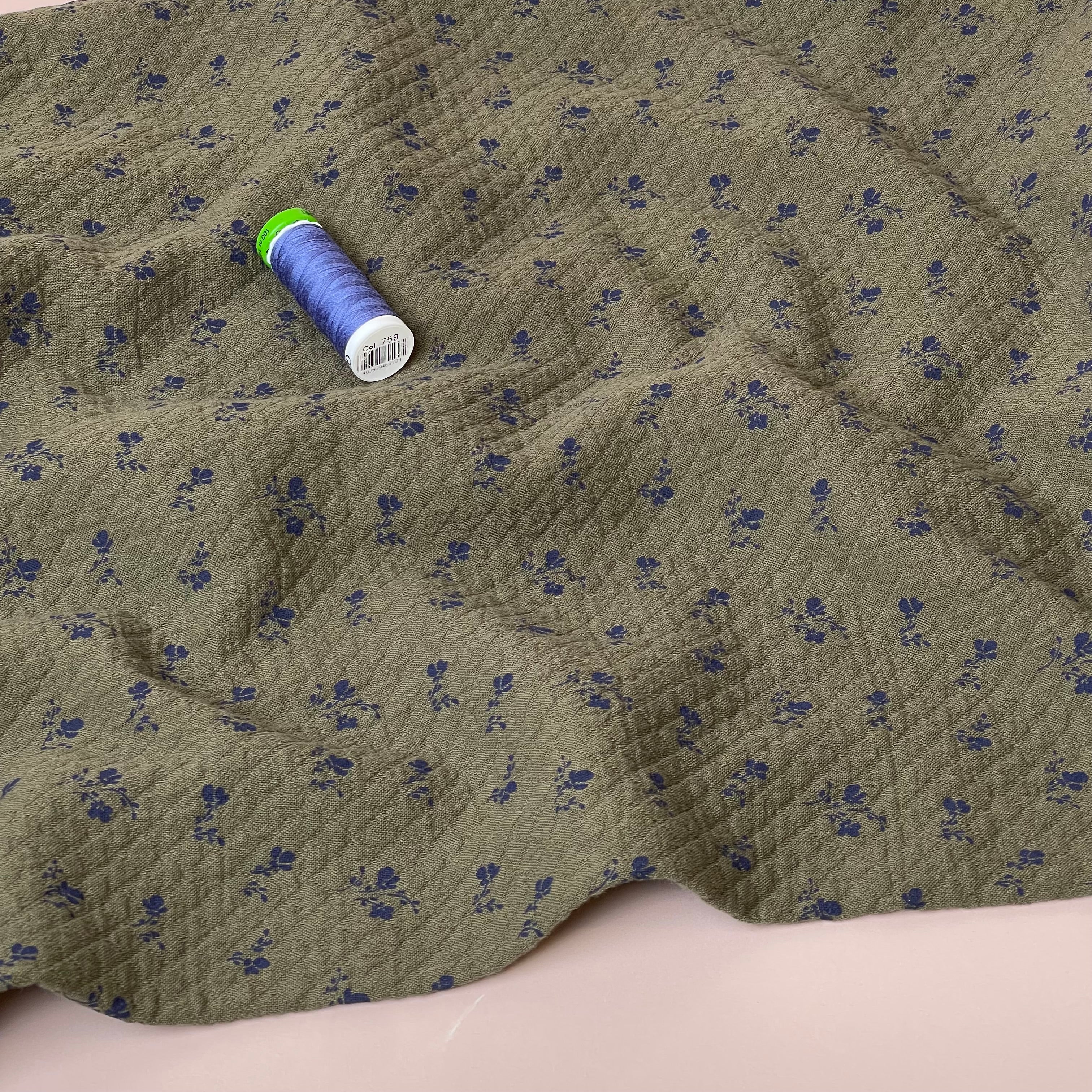 Ditsy Blue Flowers Olive Cotton Diamond Jacquard Fabric