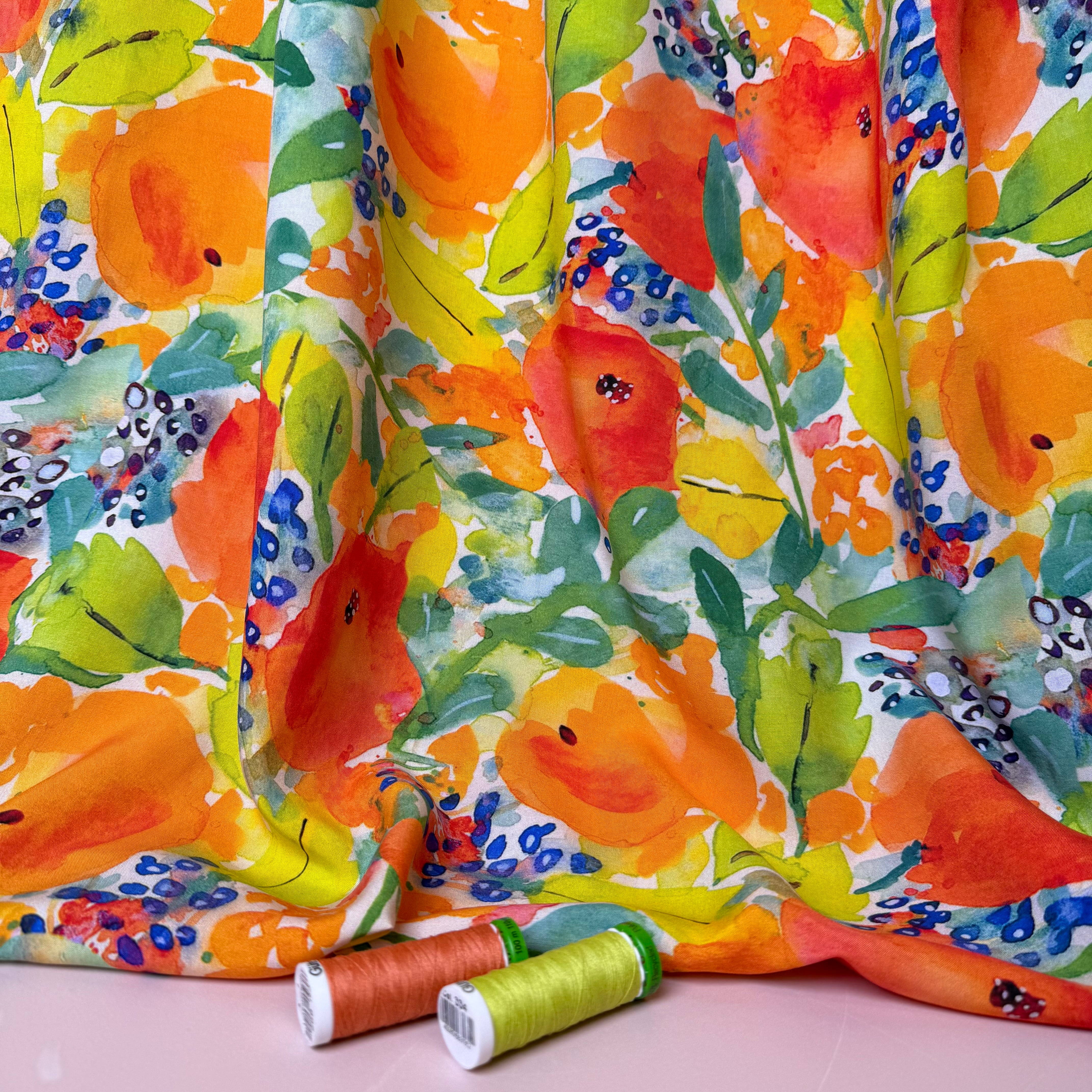 Vibrant Watercolour Flowers Viscose Fabric