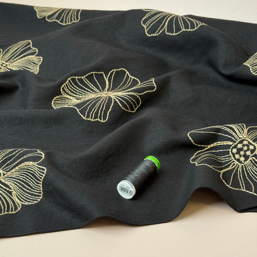 Embroidered Flowers Linen Viscose Blend Fabric in Black