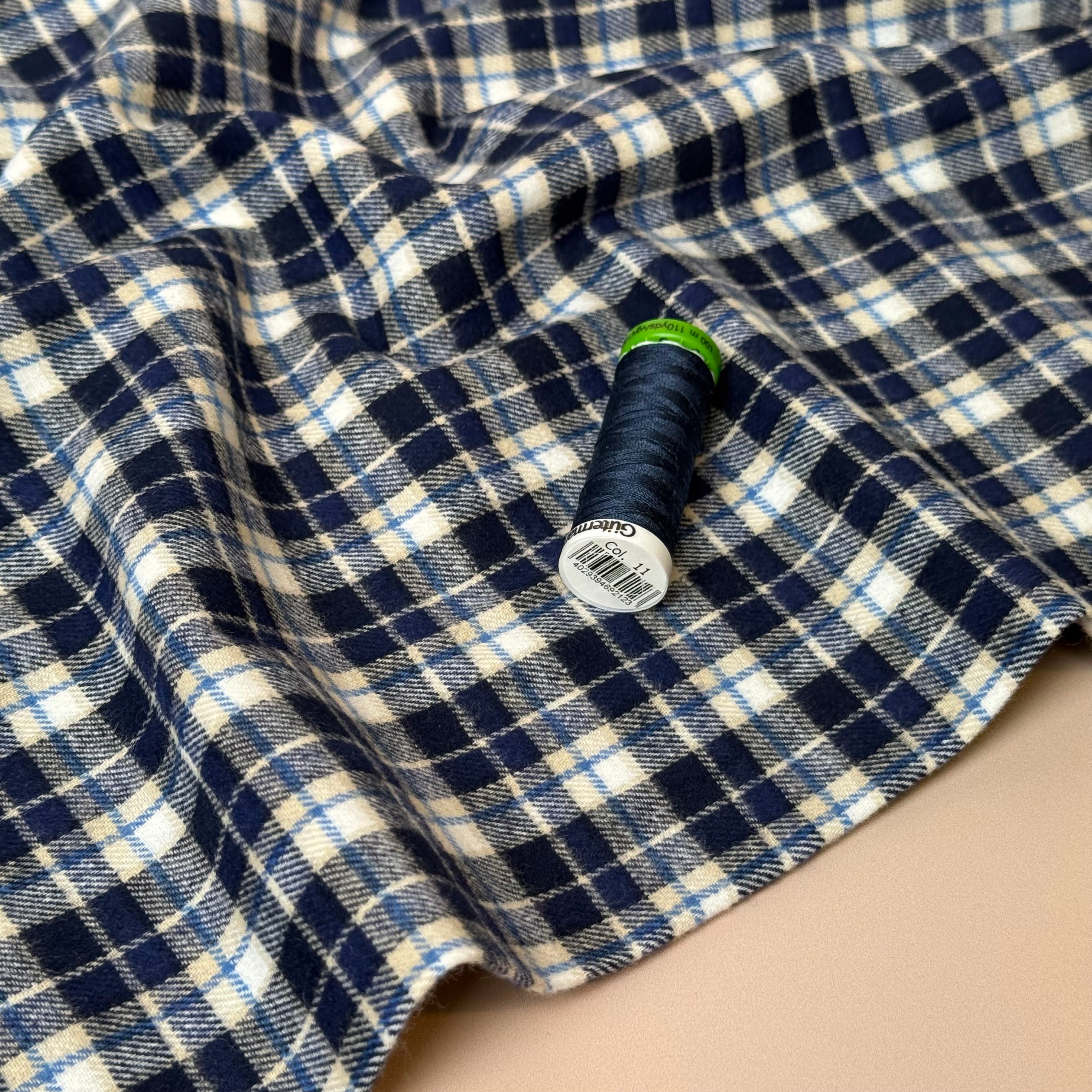 Checked Blue Brushed Cotton Flannel