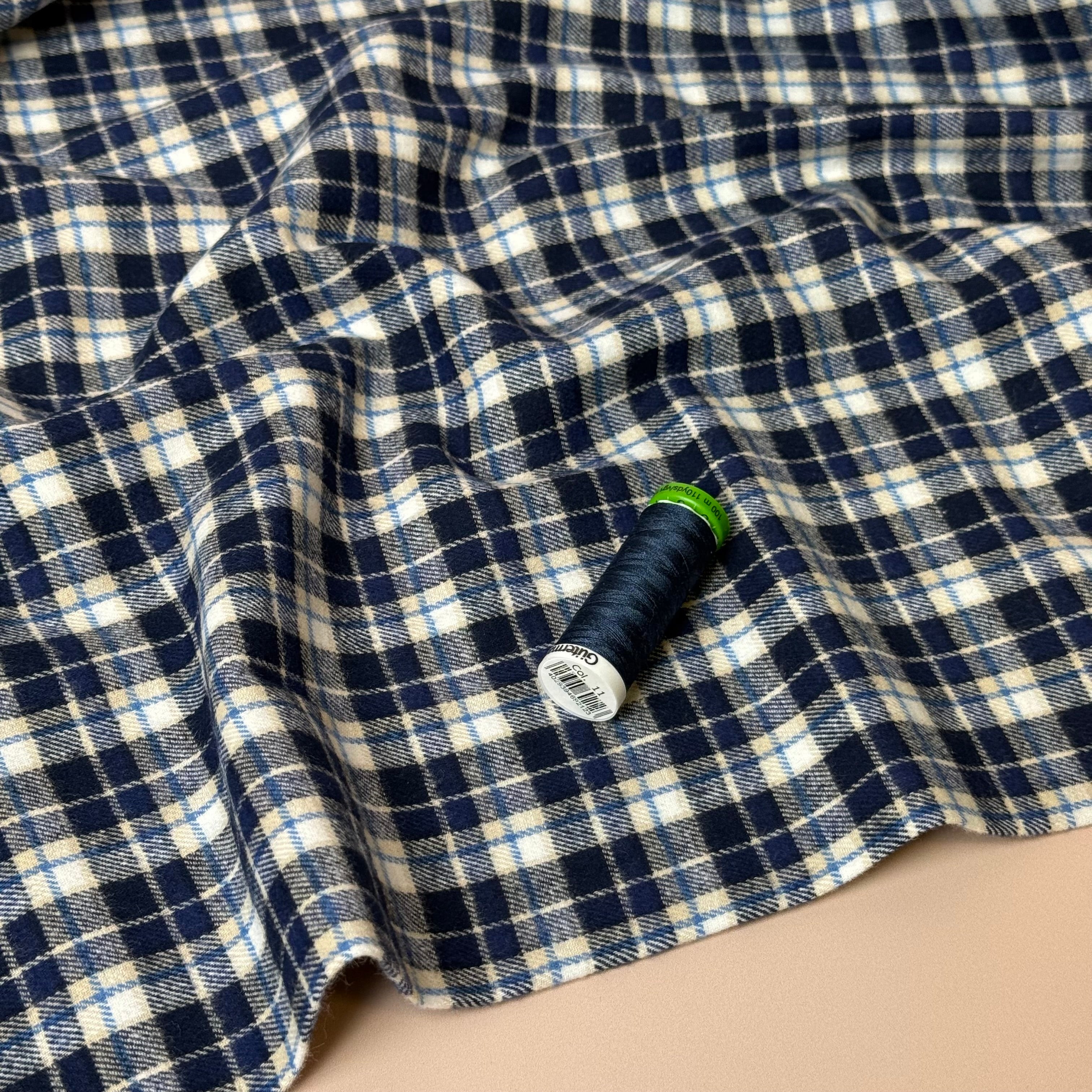 Checked Blue Brushed Cotton Flannel