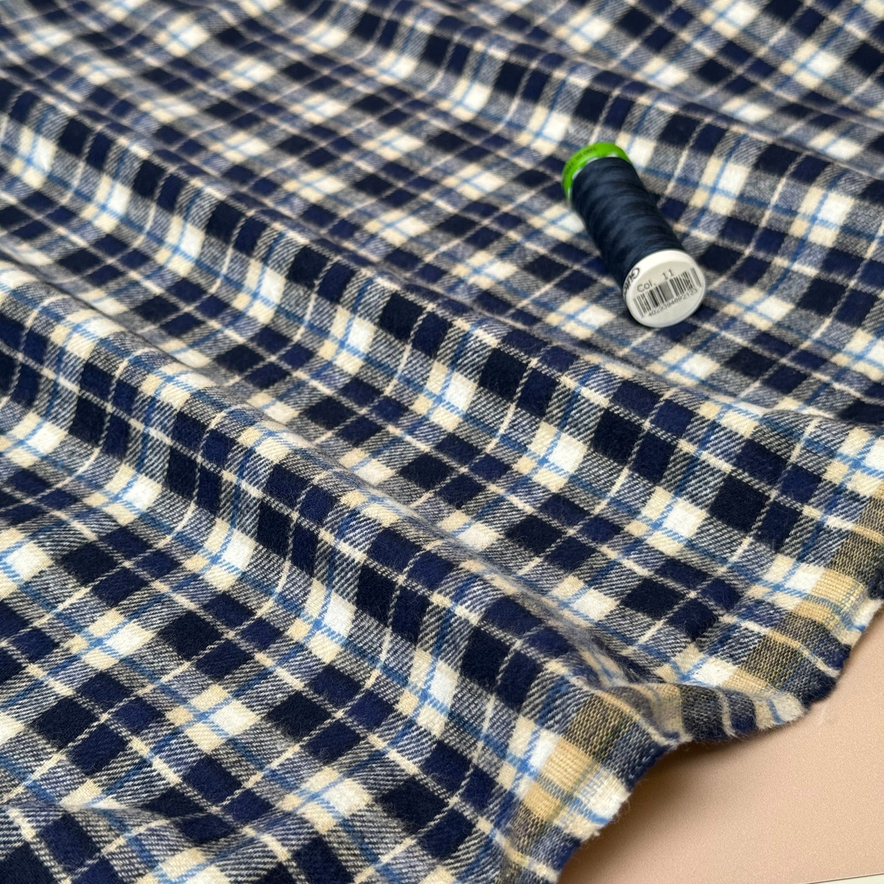 Checked Blue Brushed Cotton Flannel