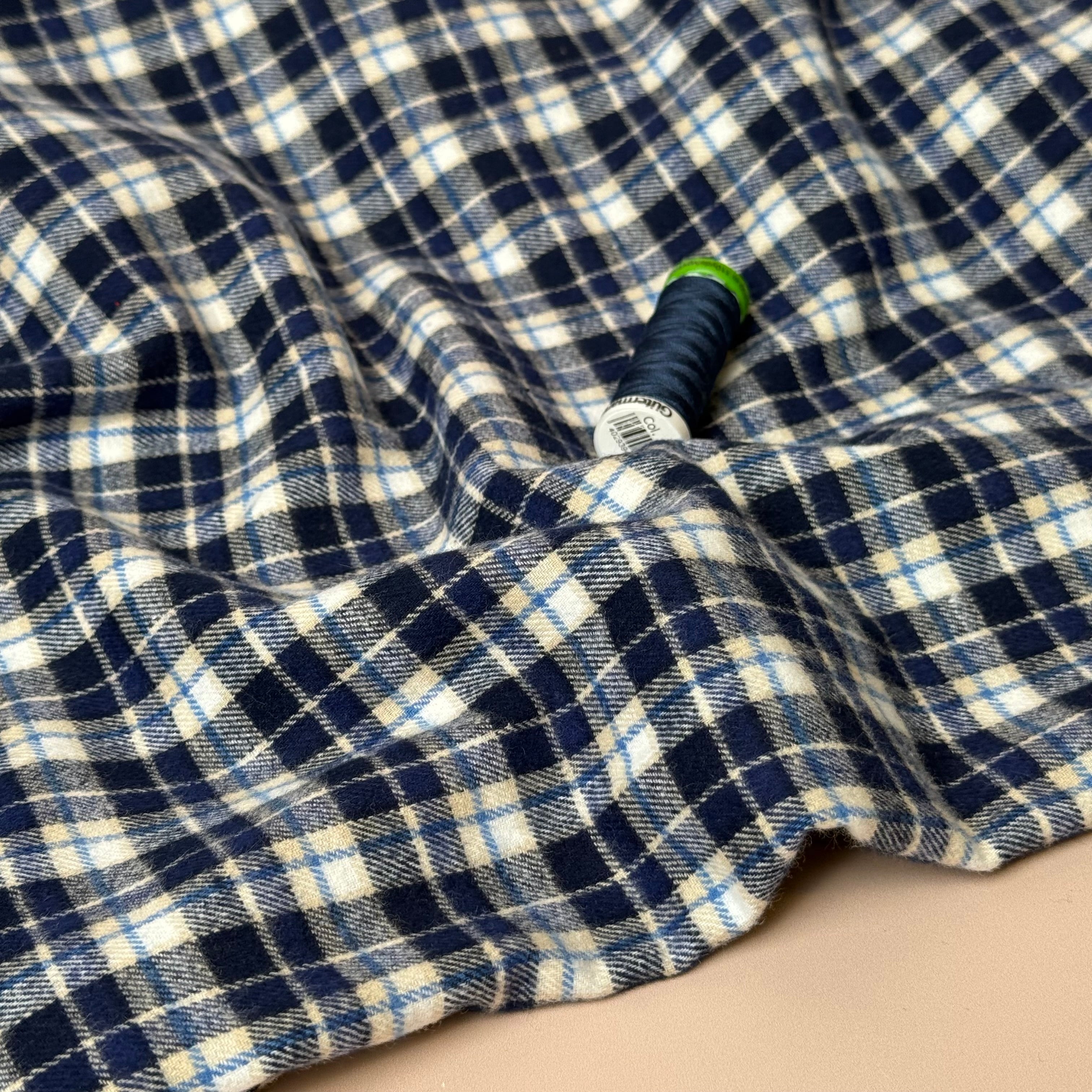 Checked Blue Brushed Cotton Flannel