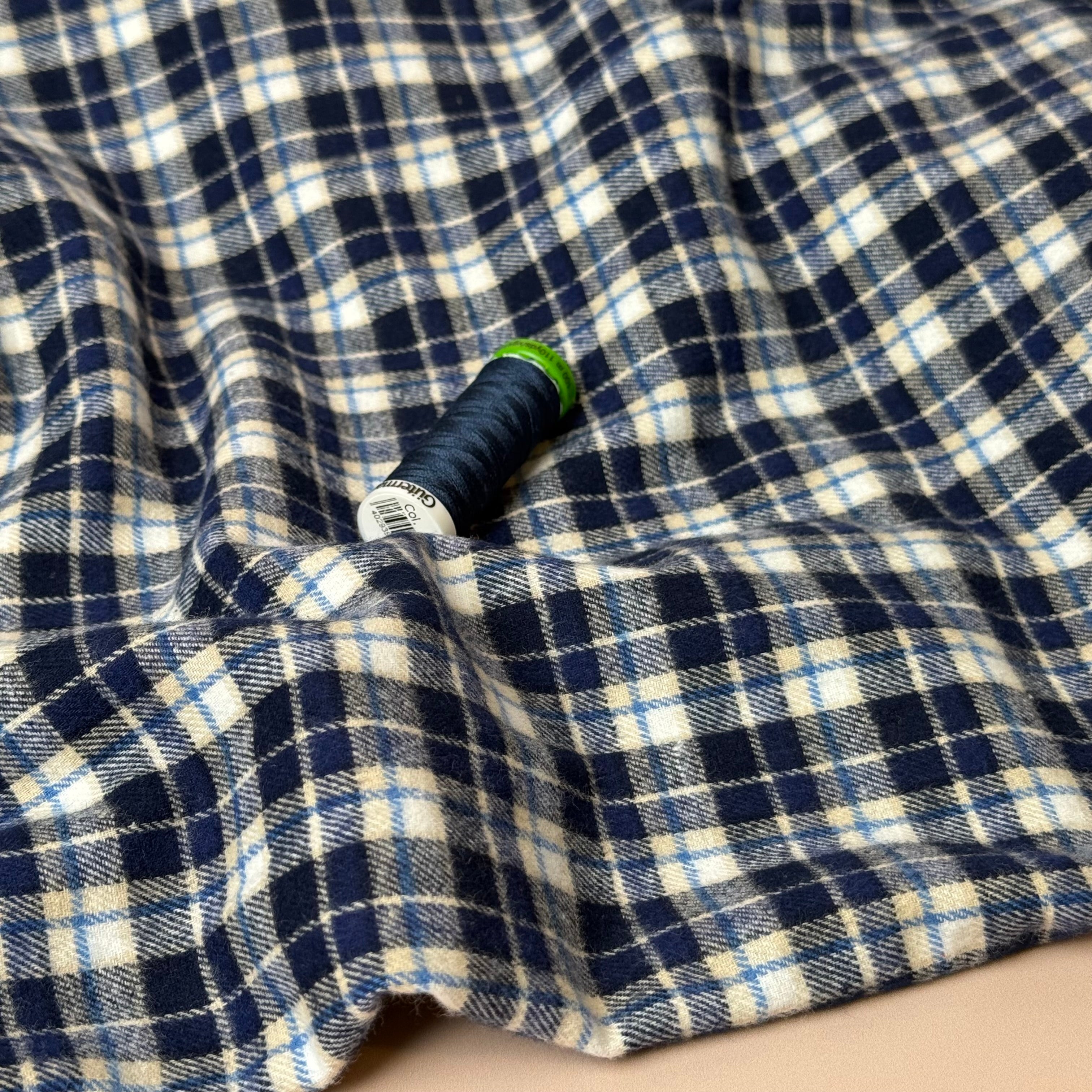 Checked Blue Brushed Cotton Flannel
