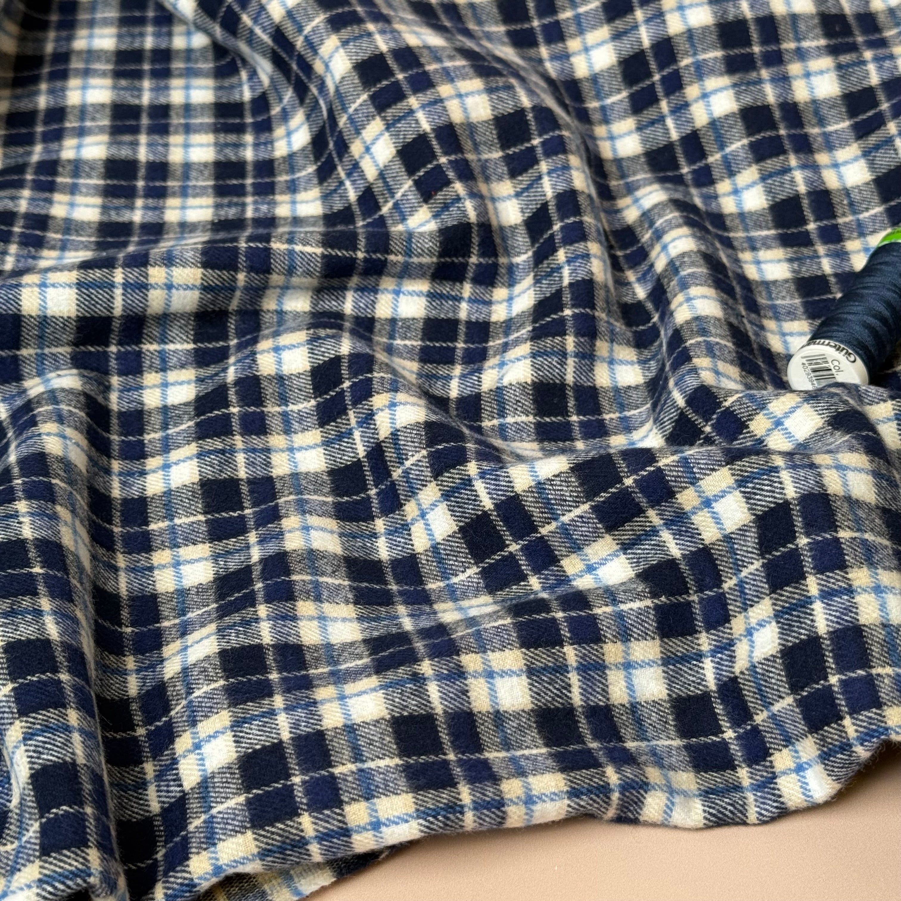 Checked Blue Brushed Cotton Flannel