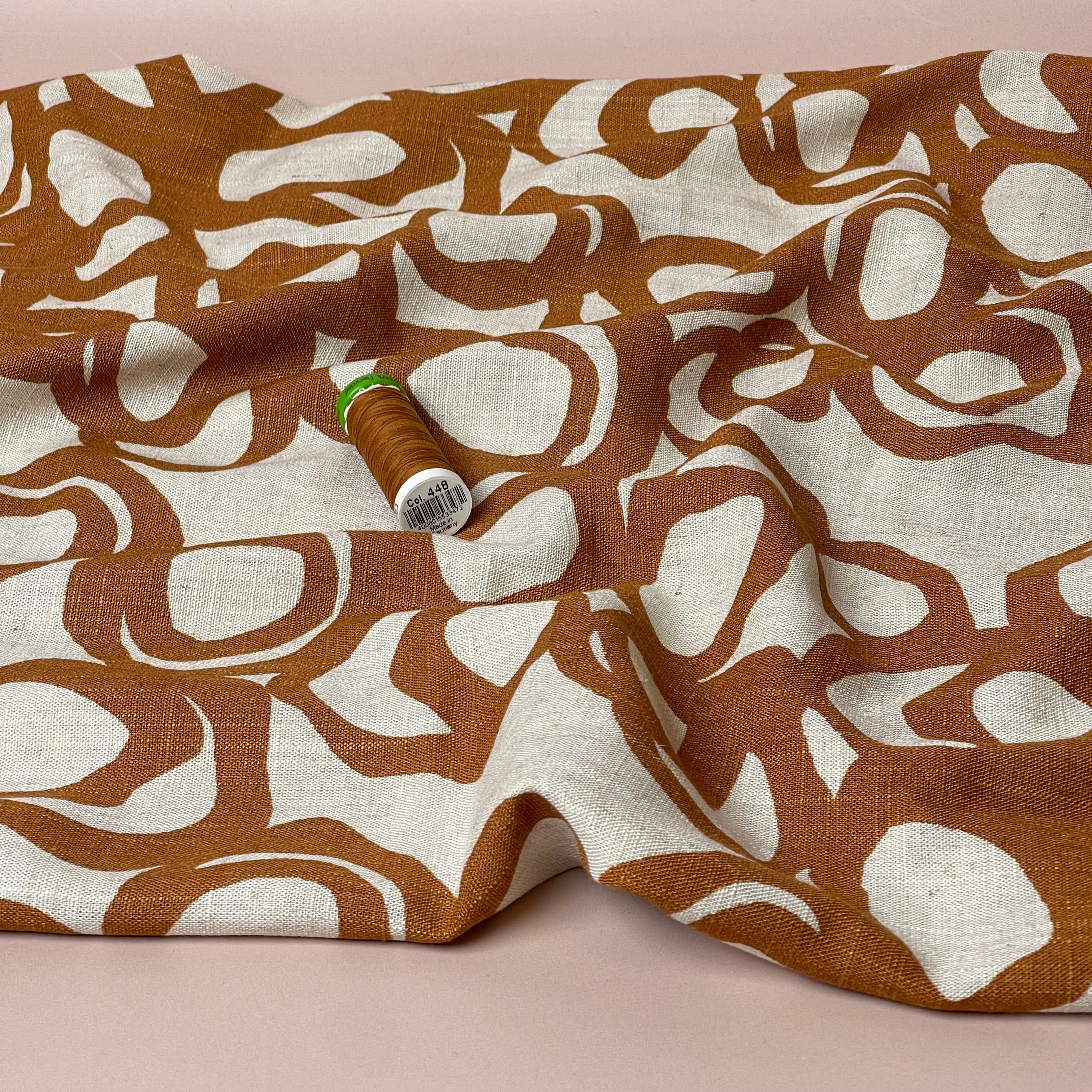 Swirls Rust on Neutral Viscose Linen Fabric