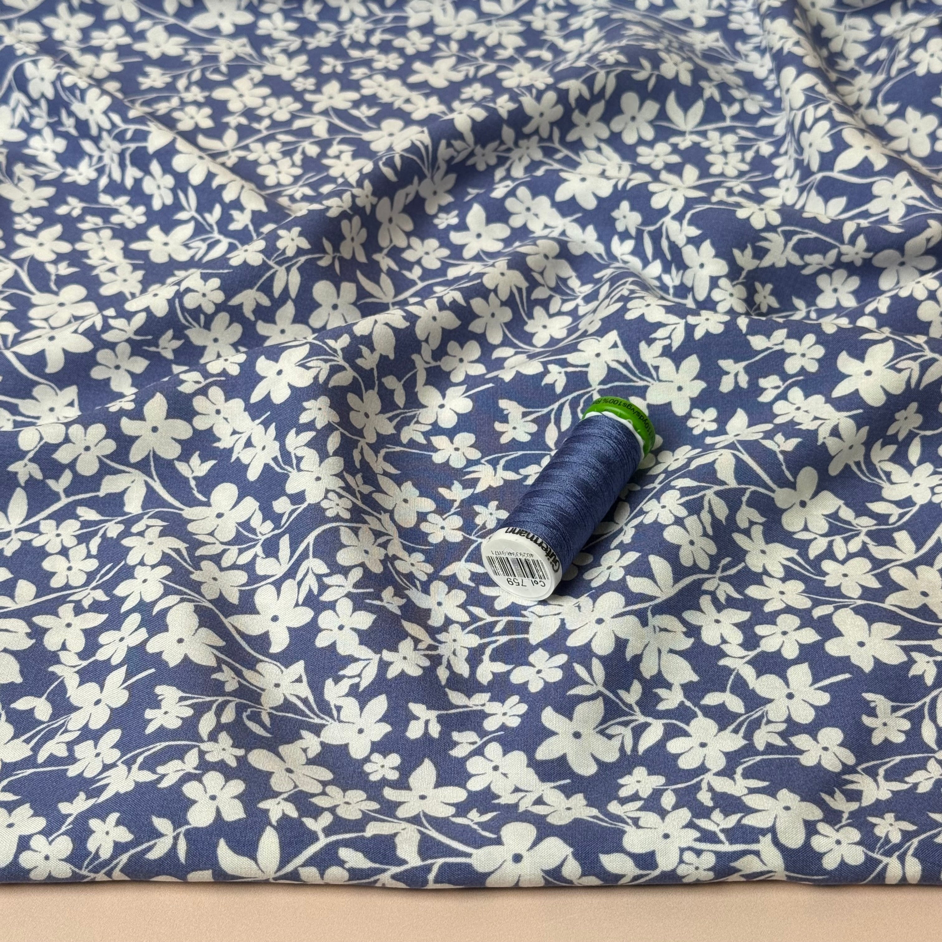 Dusty Blue Floral Viscose Fabric