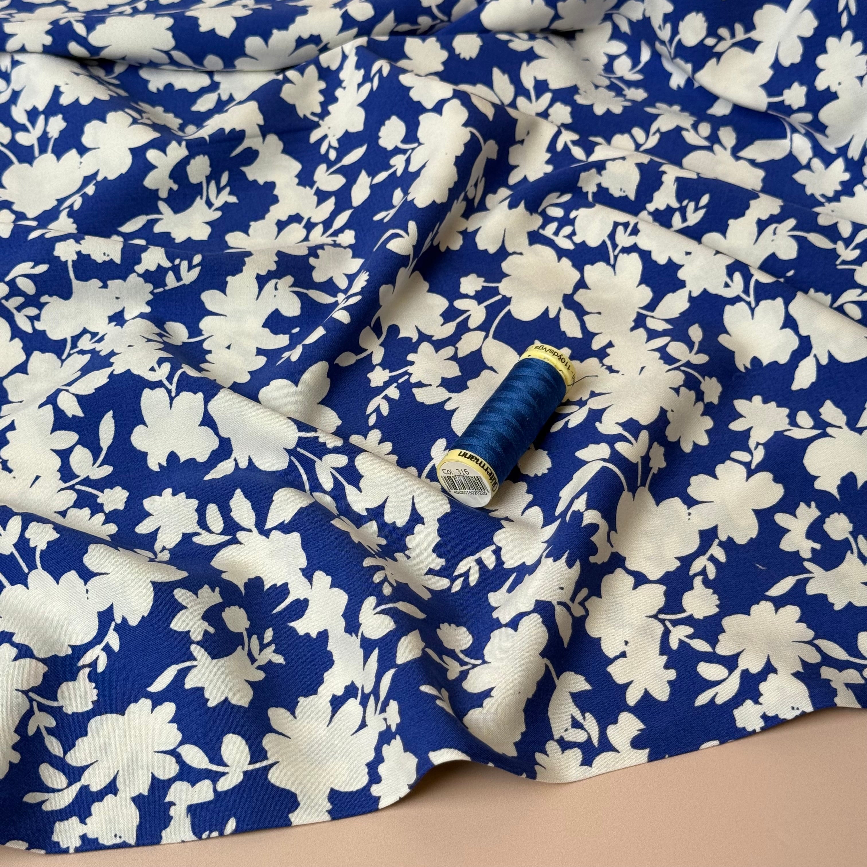 Blue Shadow Flowers Stretch Viscose Fabric