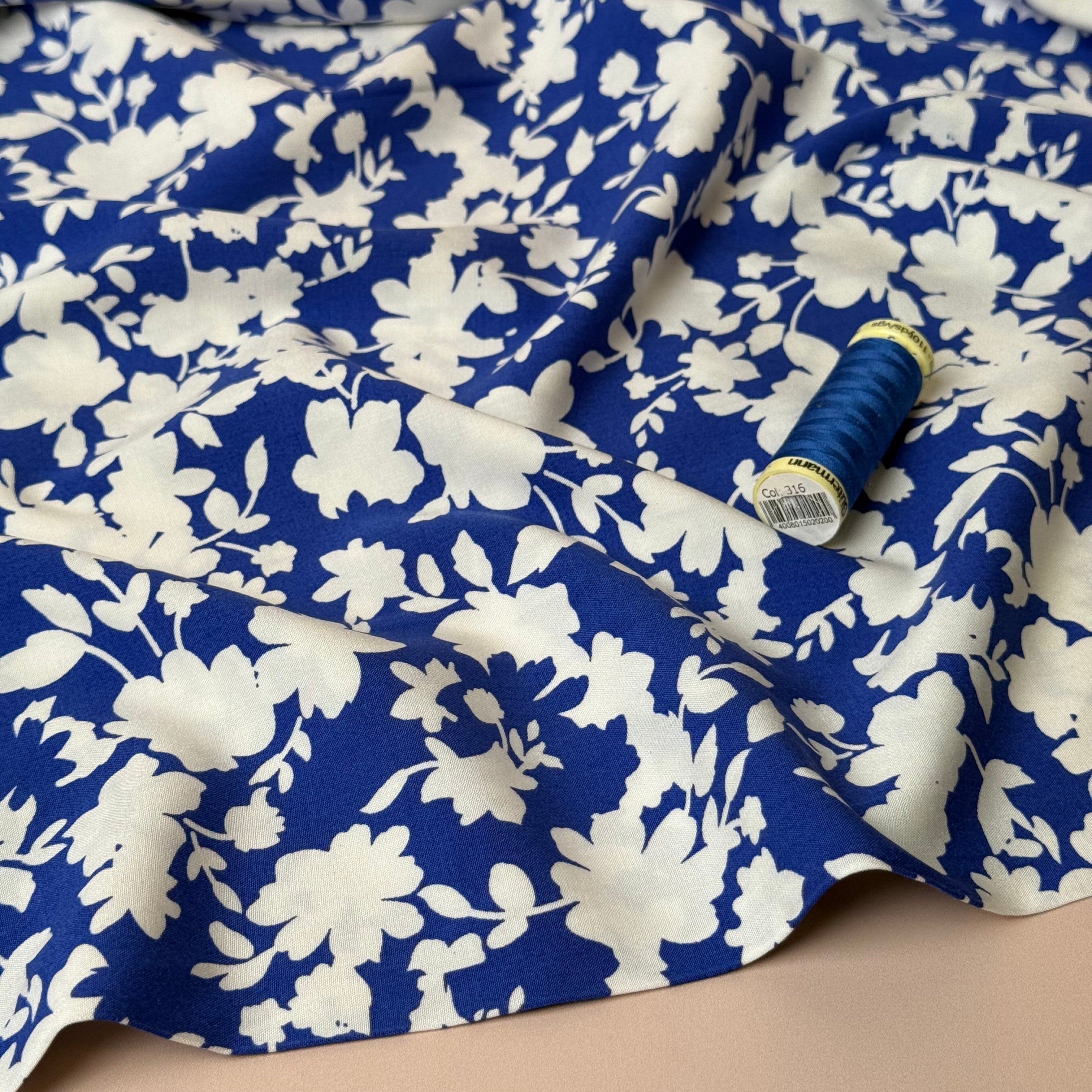 Blue Shadow Flowers Stretch Viscose Fabric