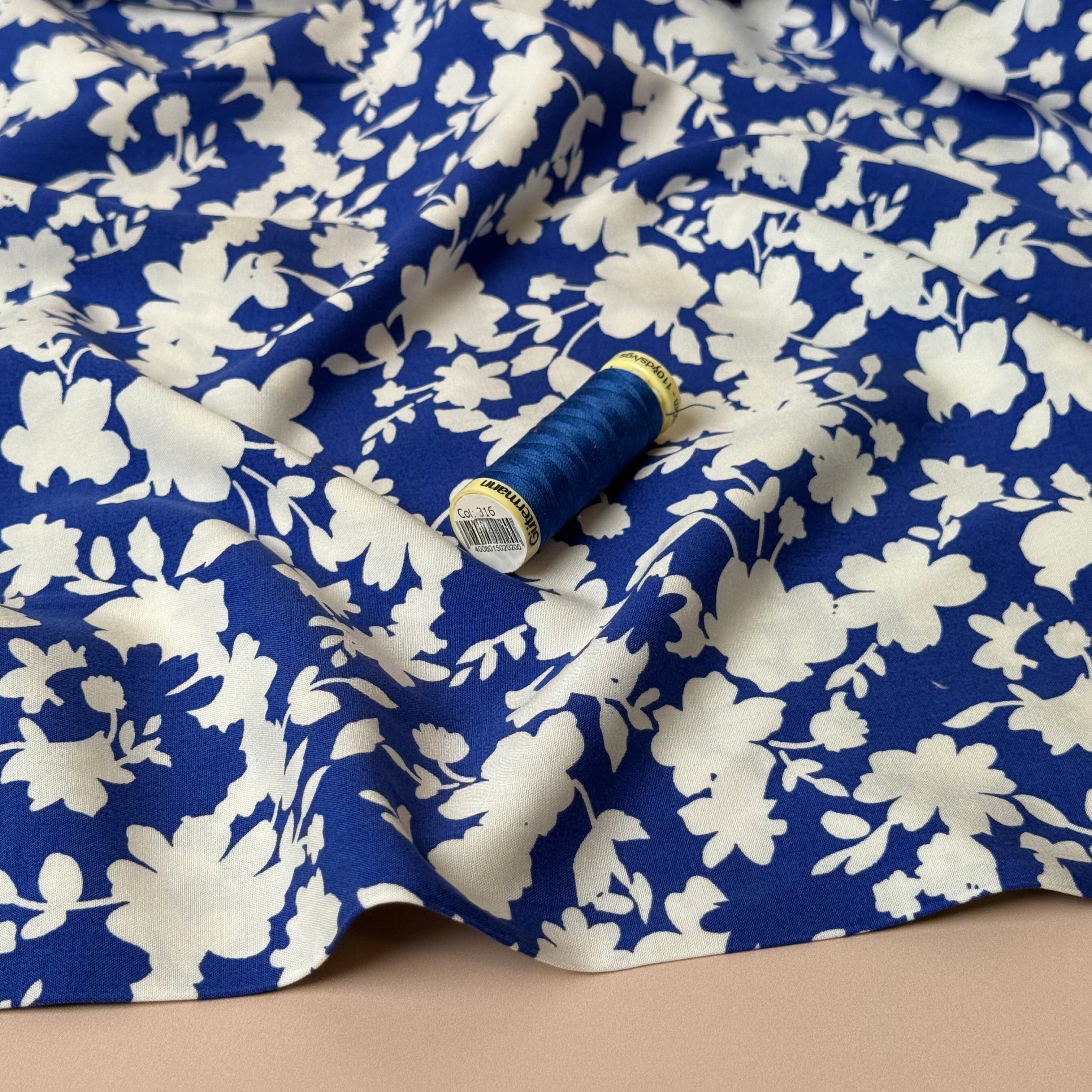 Blue Shadow Flowers Stretch Viscose Fabric