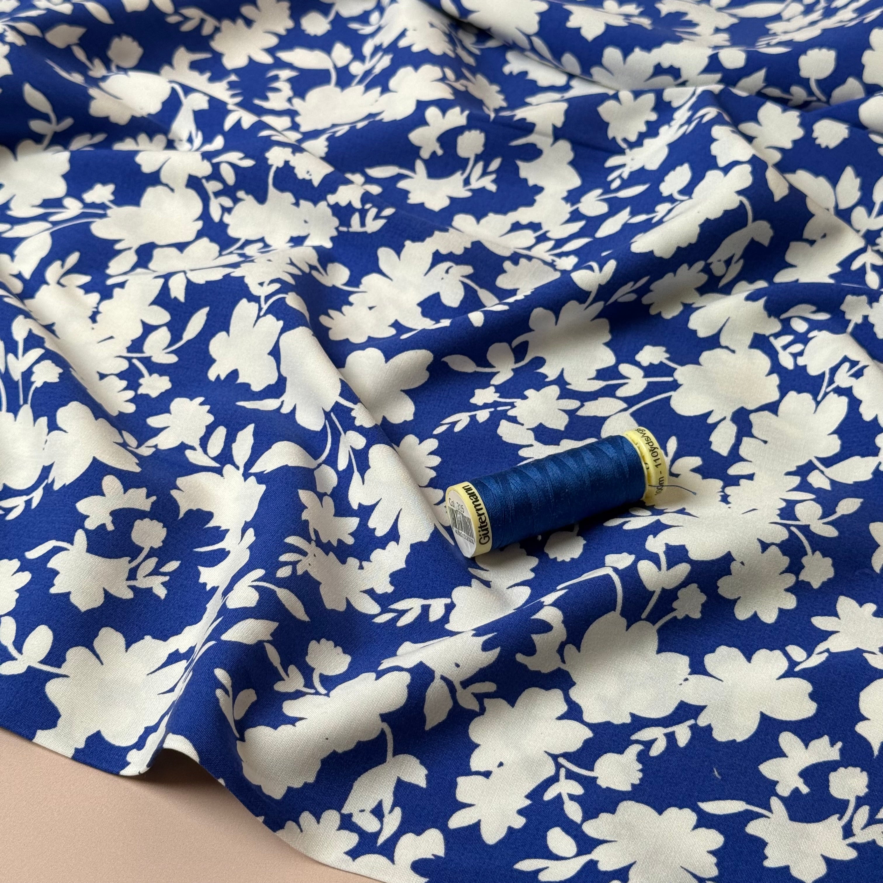 Blue Shadow Flowers Stretch Viscose Fabric