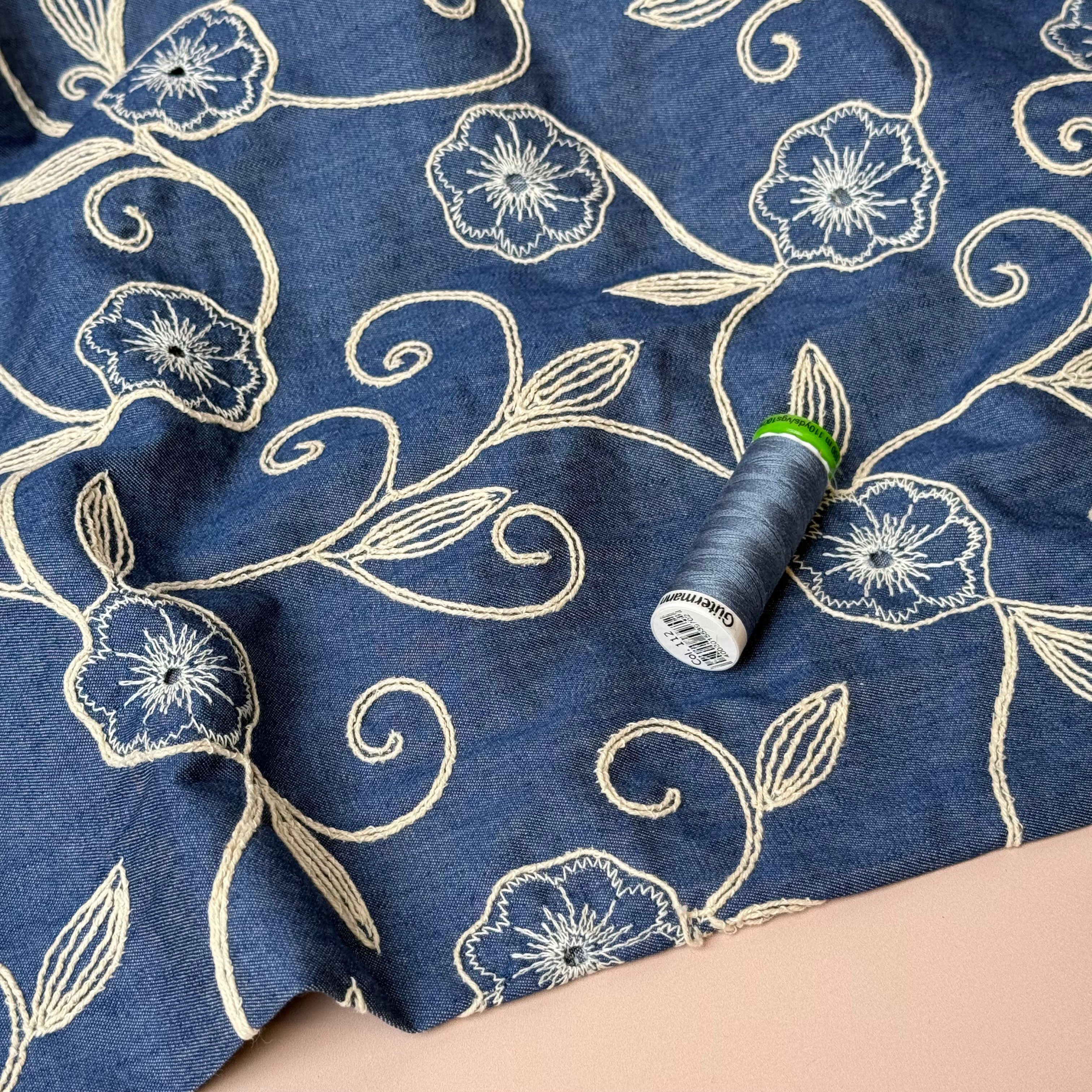 Denim with Embroidered Vines Cotton Fabric