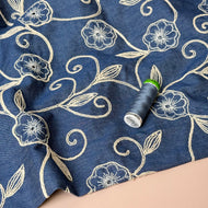 REMNANT 1.2 Metres - Denim with Embroidered Vines Cotton Fabric