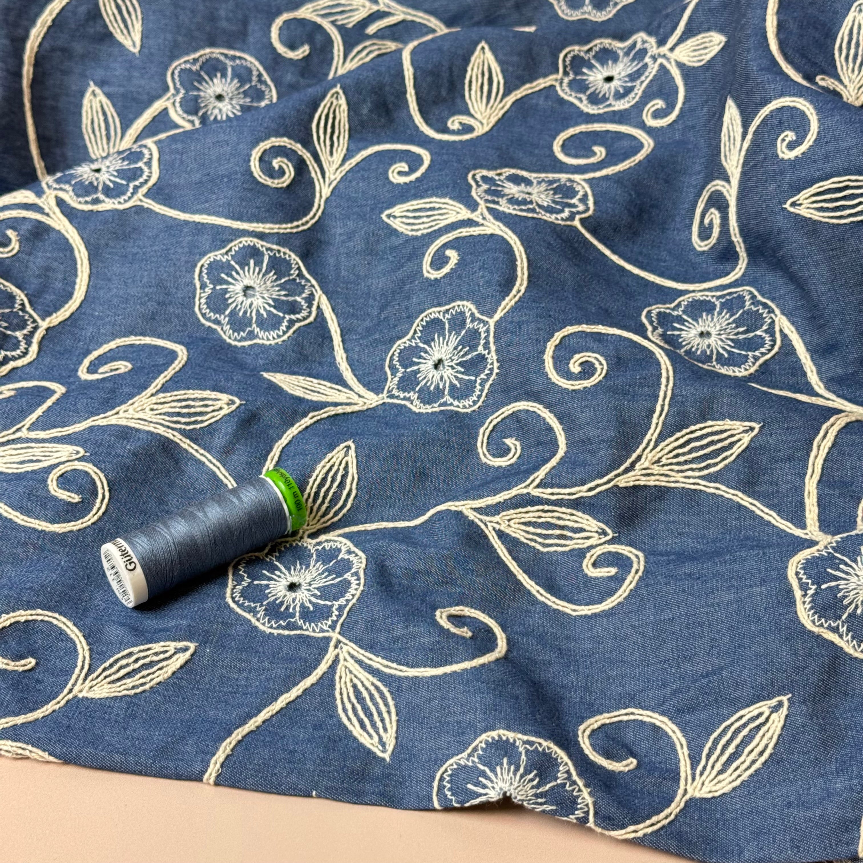 Denim with Embroidered Vines Cotton Fabric