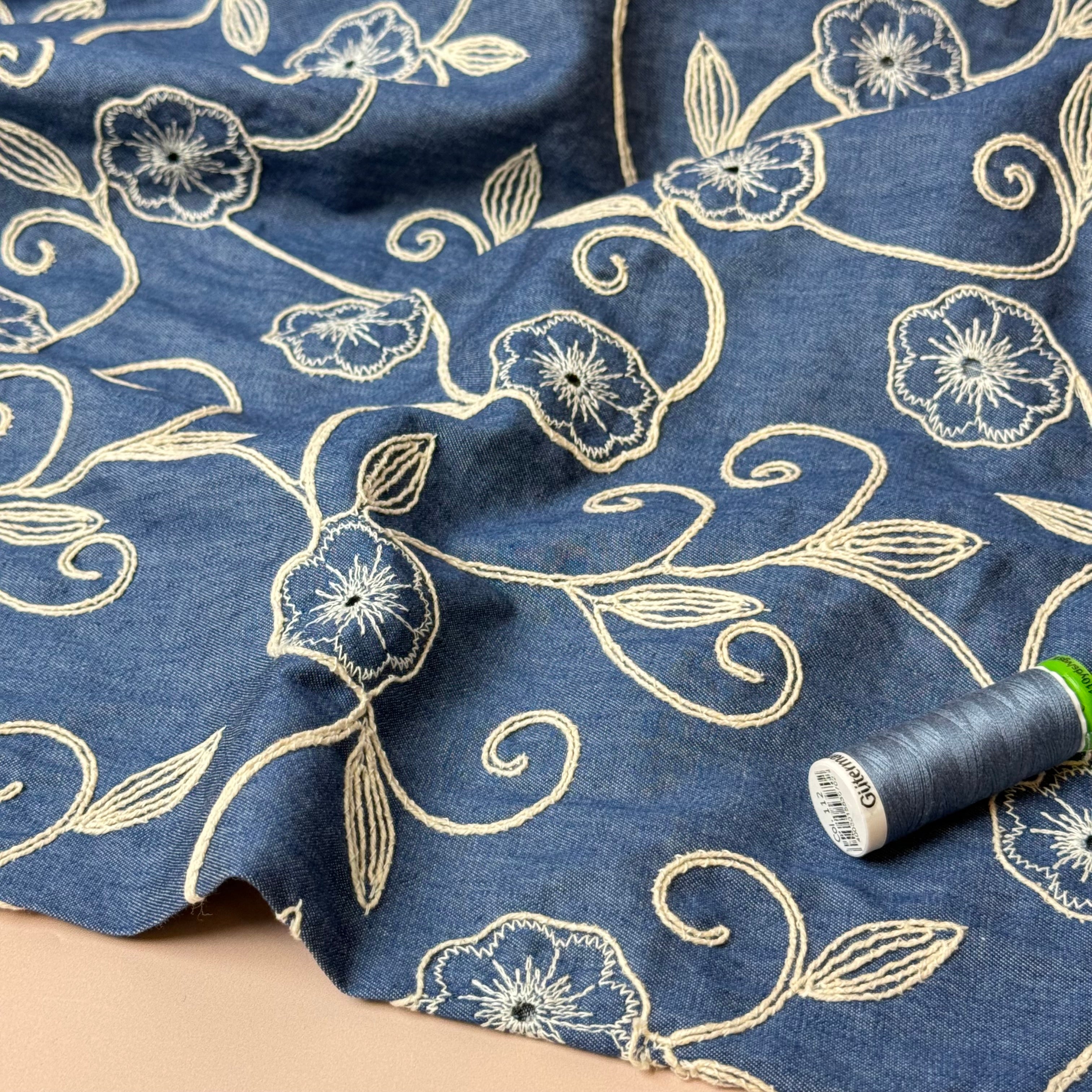 Denim with Embroidered Vines Cotton Fabric
