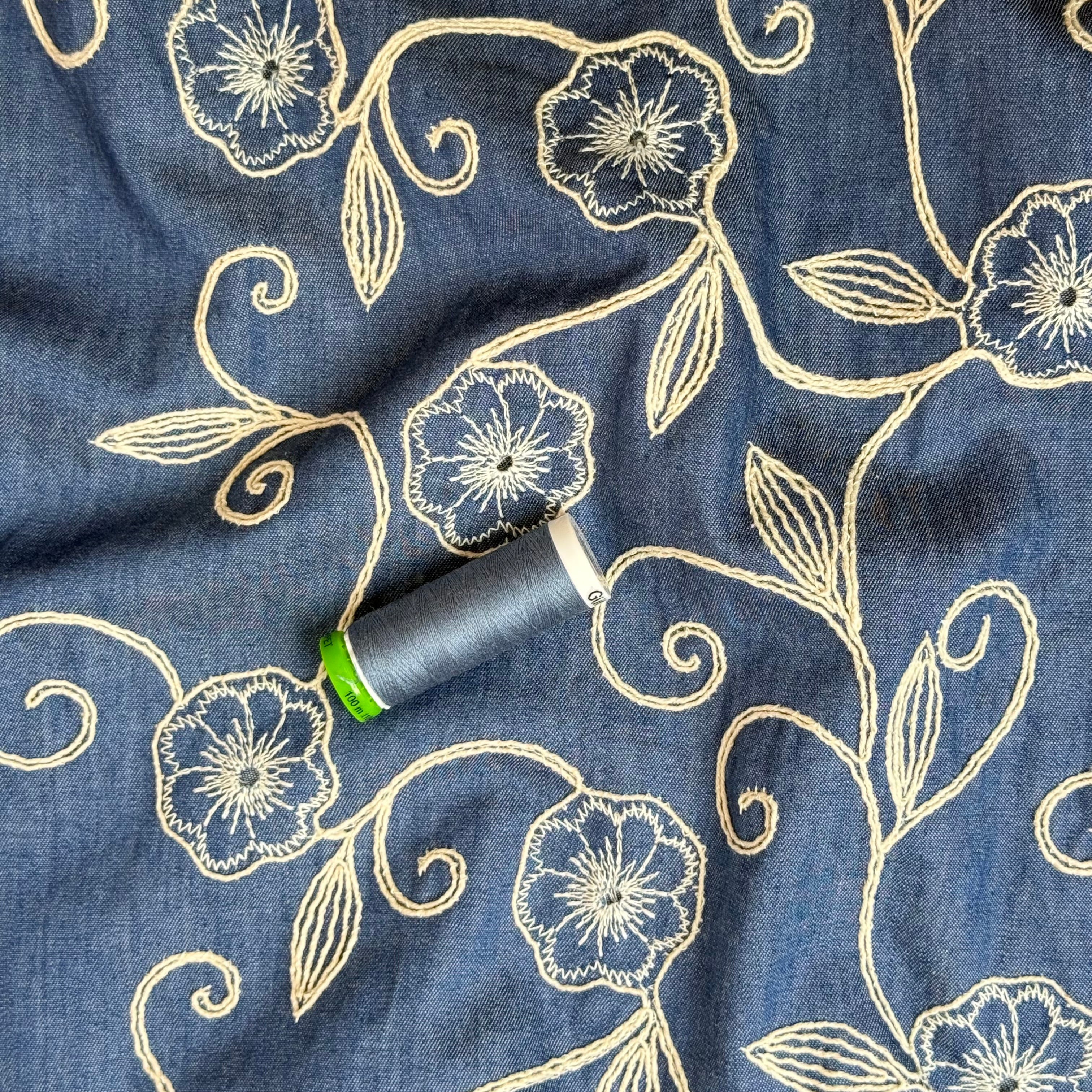 Denim with Embroidered Vines Cotton Fabric