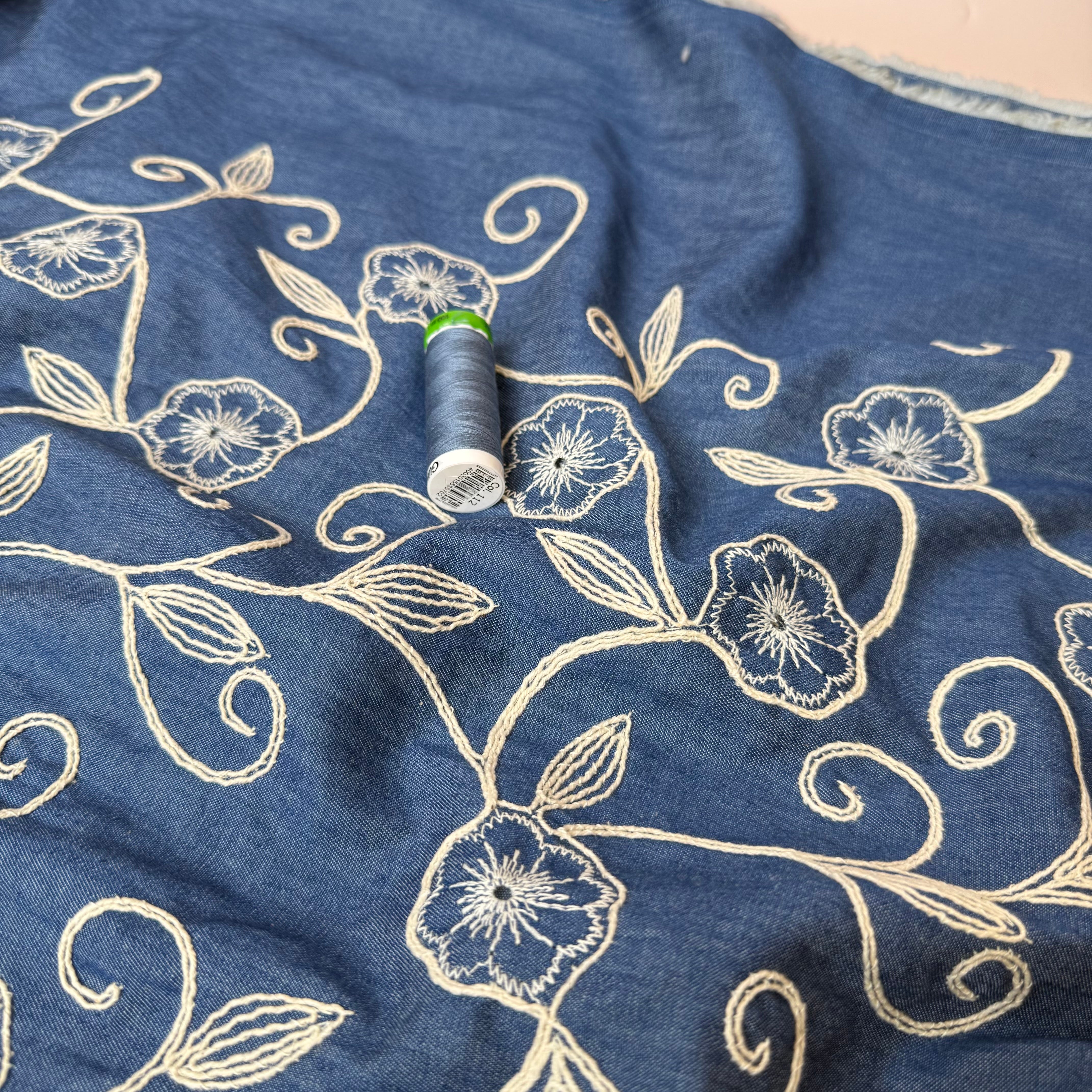 Denim with Embroidered Vines Cotton Fabric