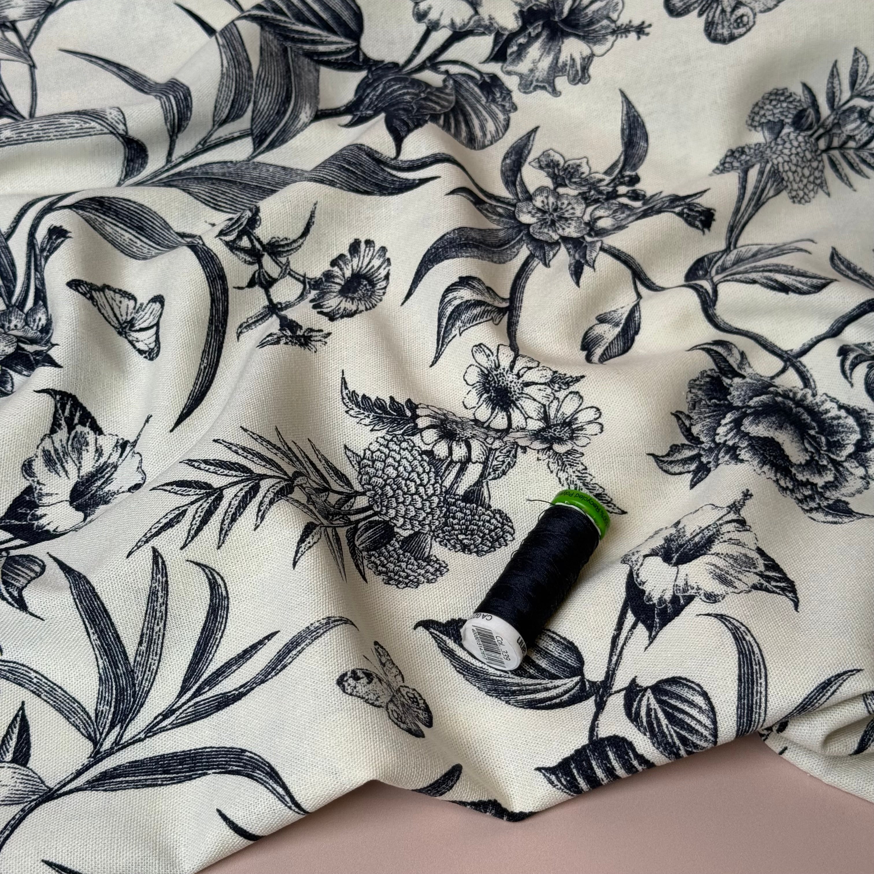 Navy Butterfly Field Viscose Linen Fabric