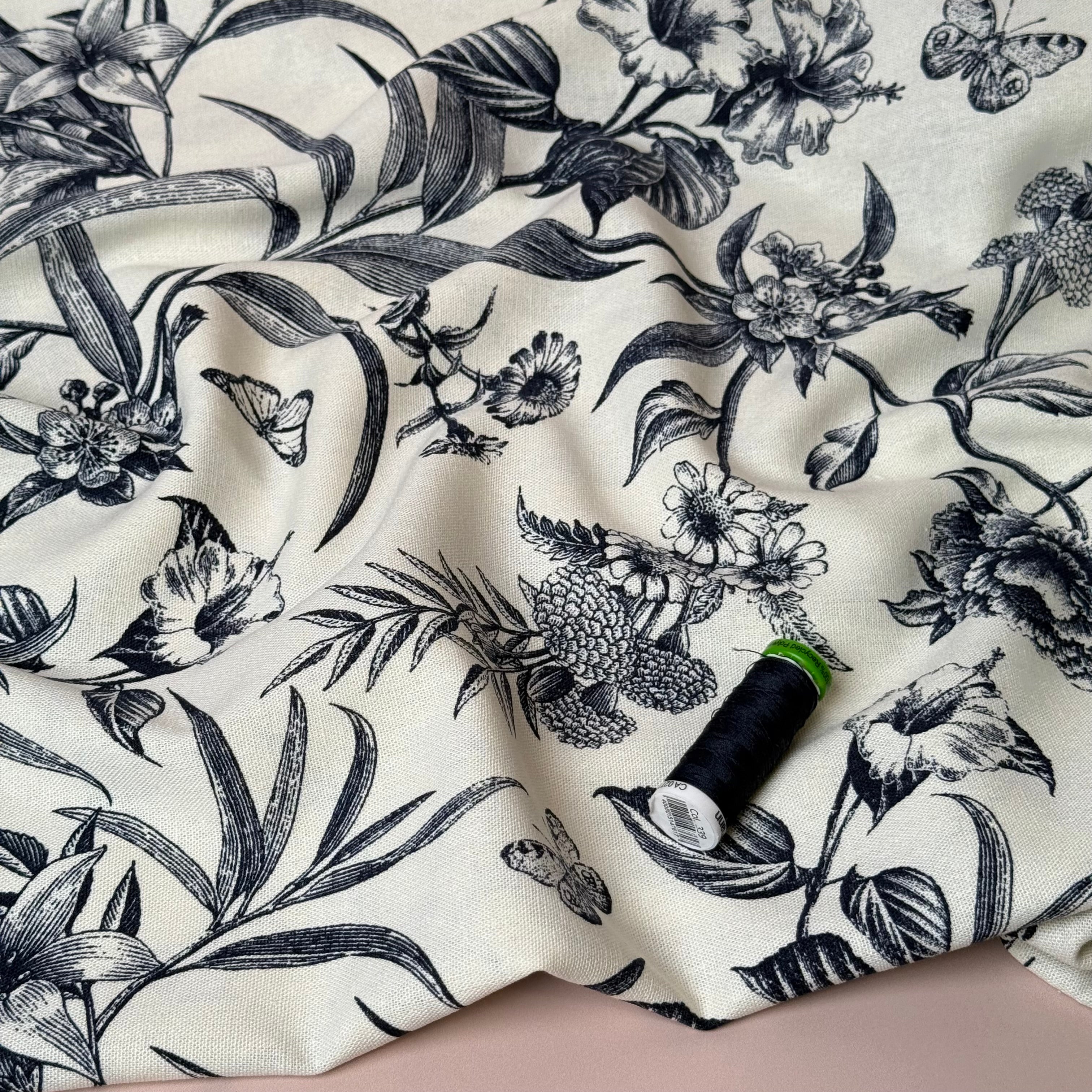 Navy Butterfly Field Viscose Linen Fabric