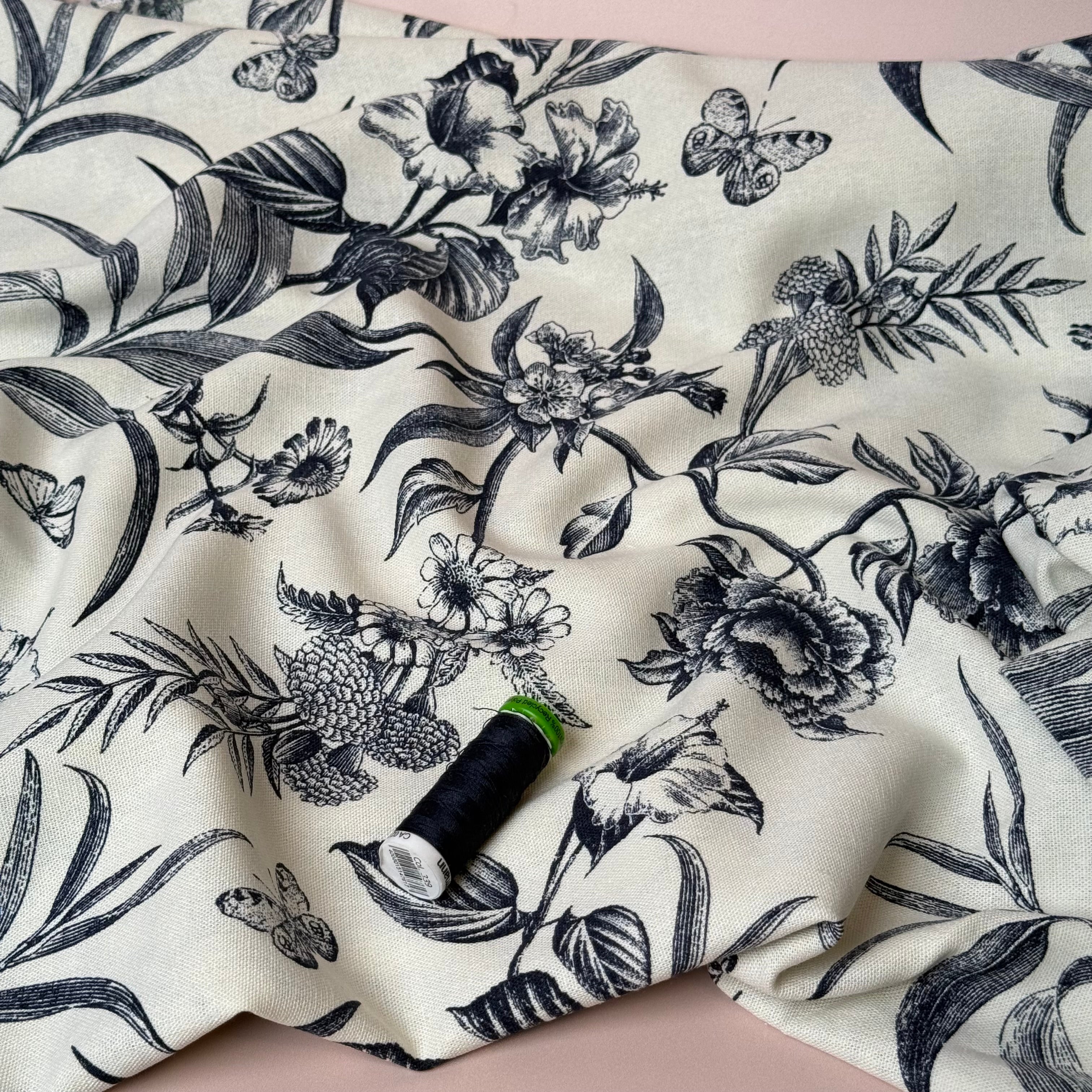 Navy Butterfly Field Viscose Linen Fabric