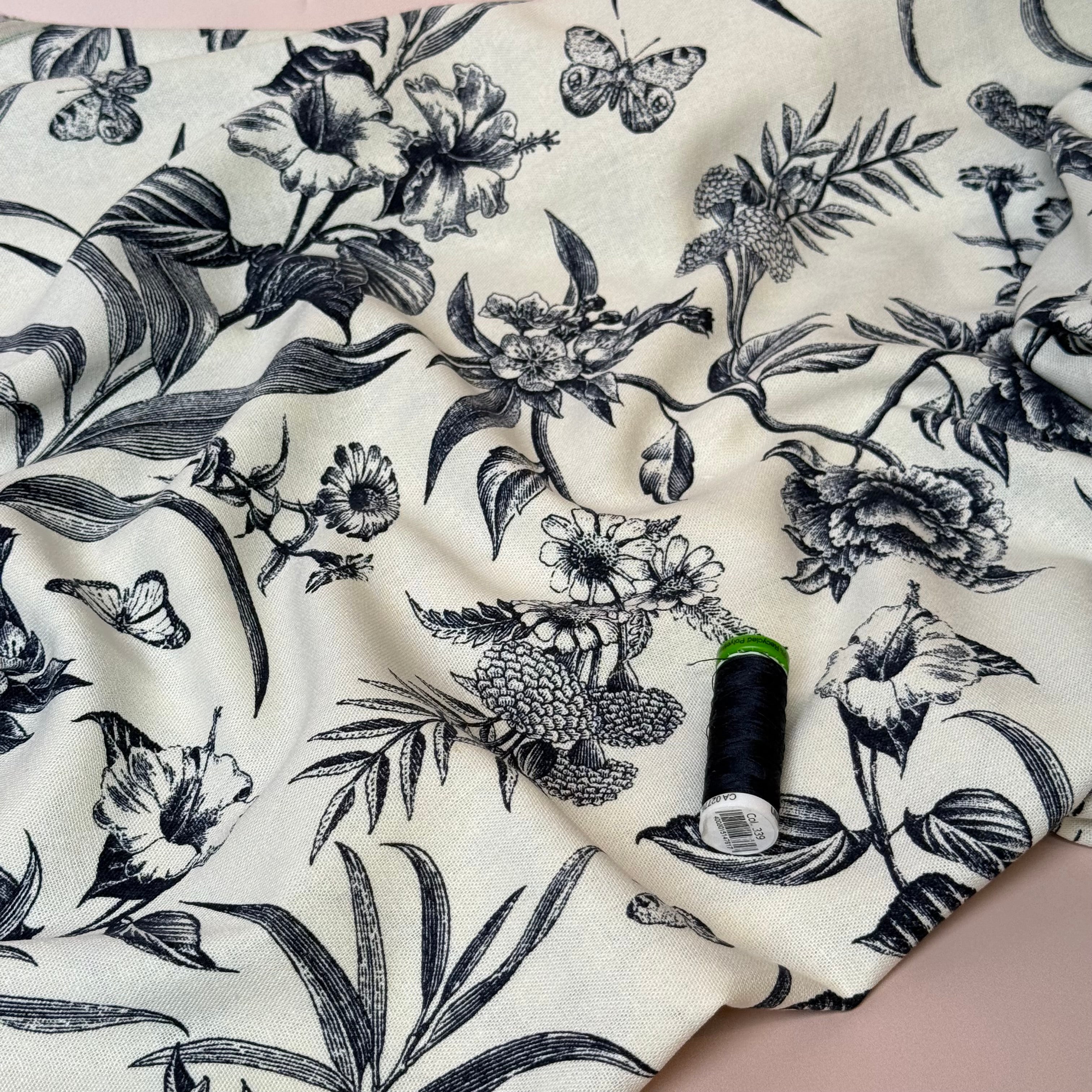 Navy Butterfly Field Viscose Linen Fabric