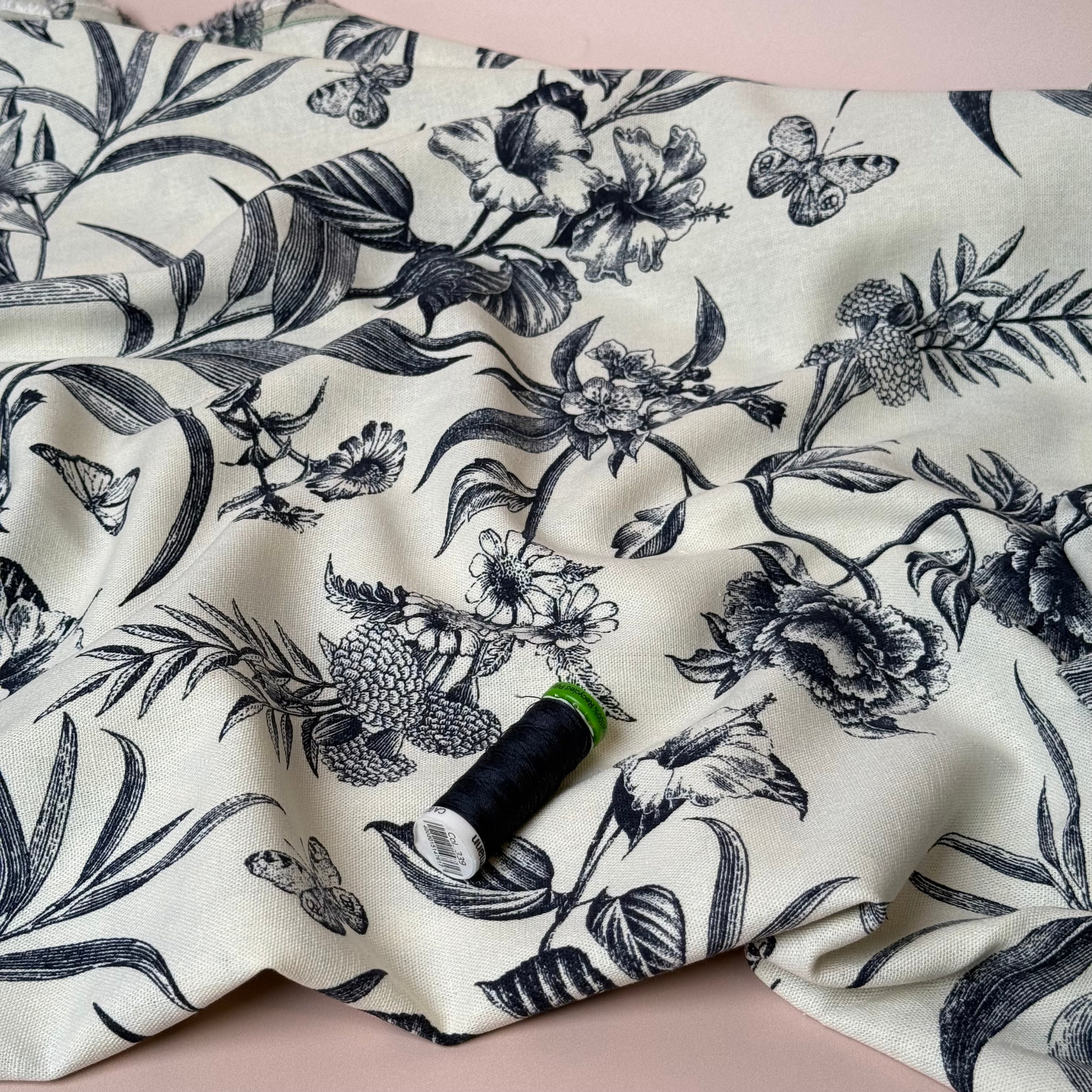 Navy Butterfly Field Viscose Linen Fabric