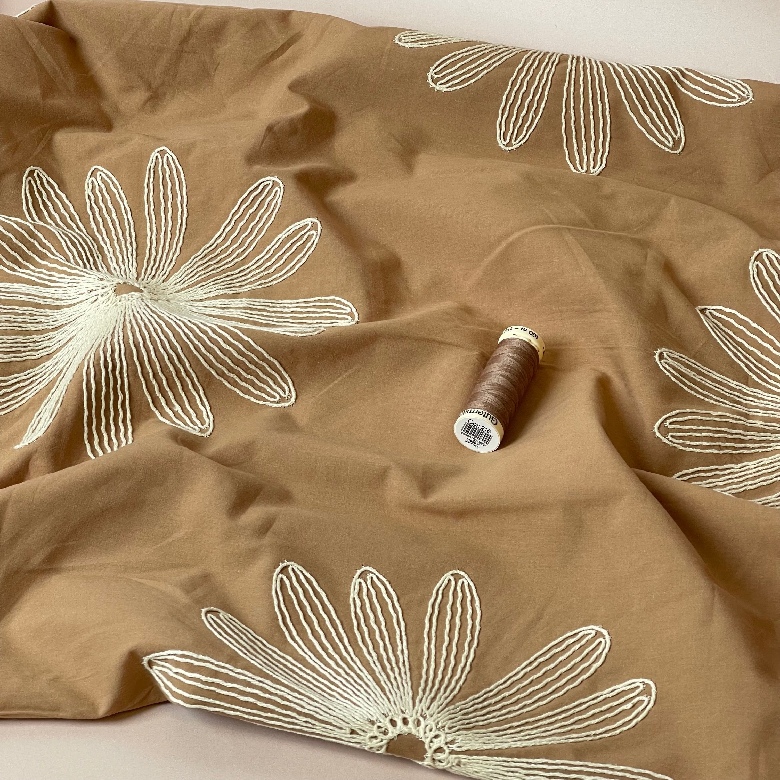 Embroidered Daisies on Light Mocha Cotton Fabric