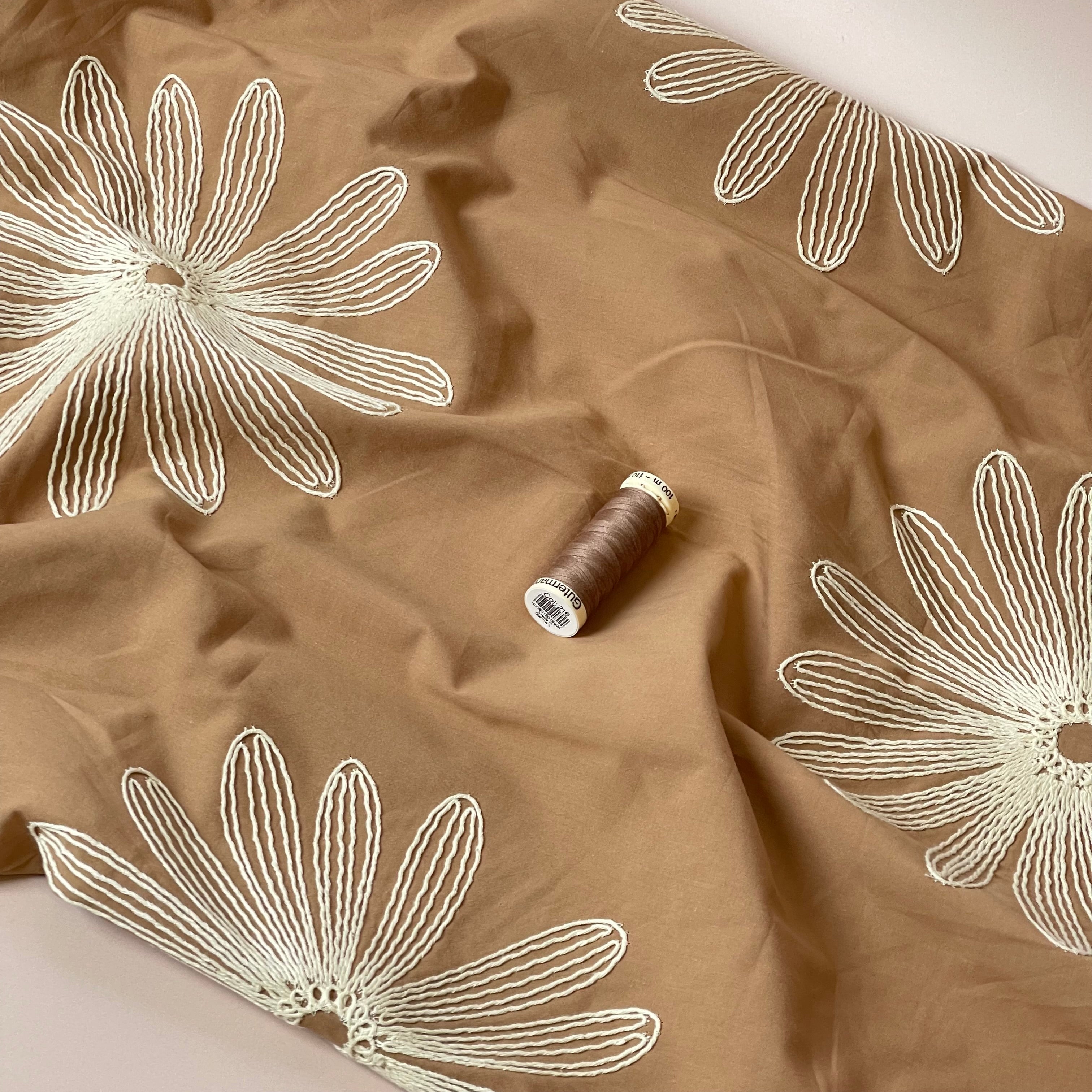 Embroidered Daisies on Light Mocha Cotton Fabric