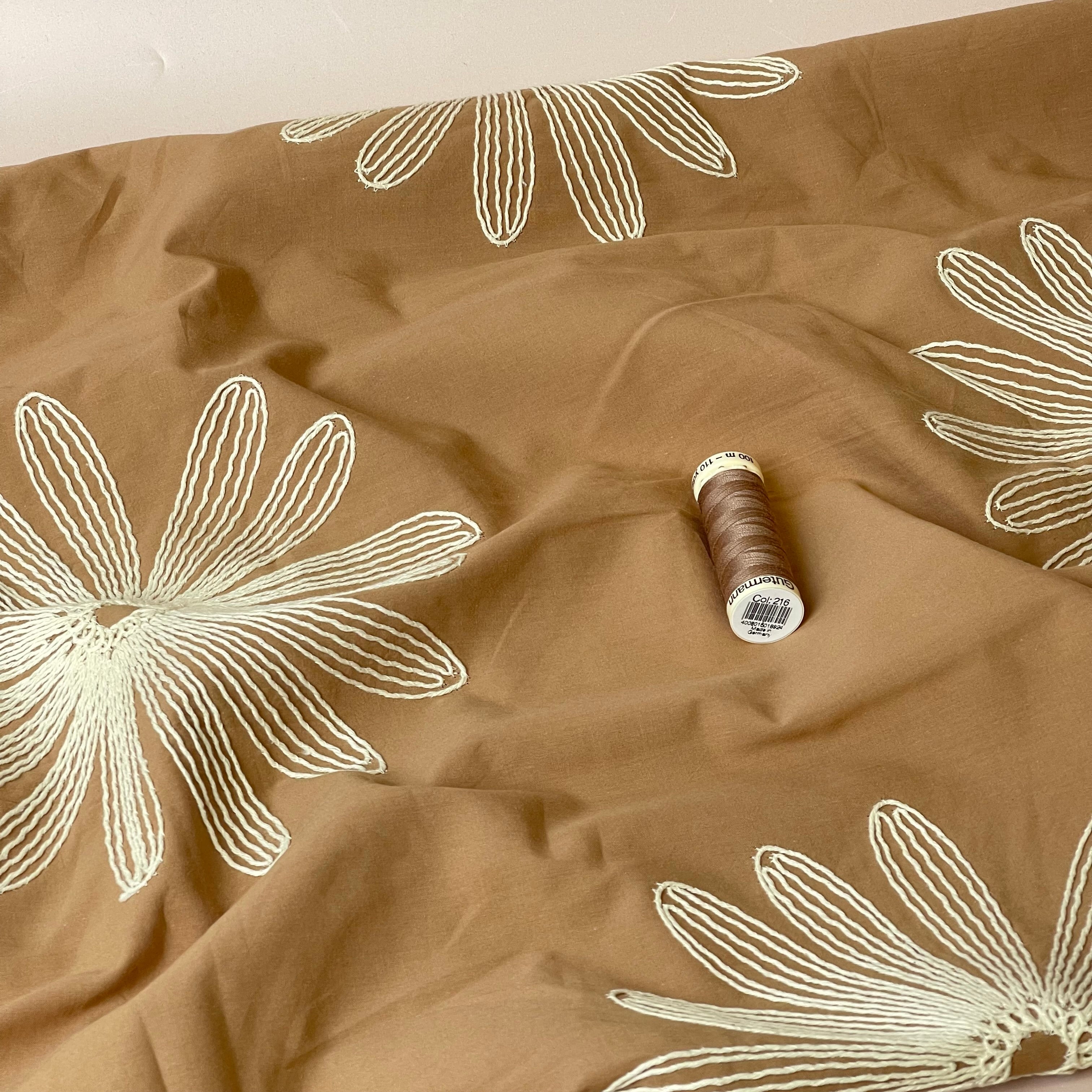 Embroidered Daisies on Light Mocha Cotton Fabric