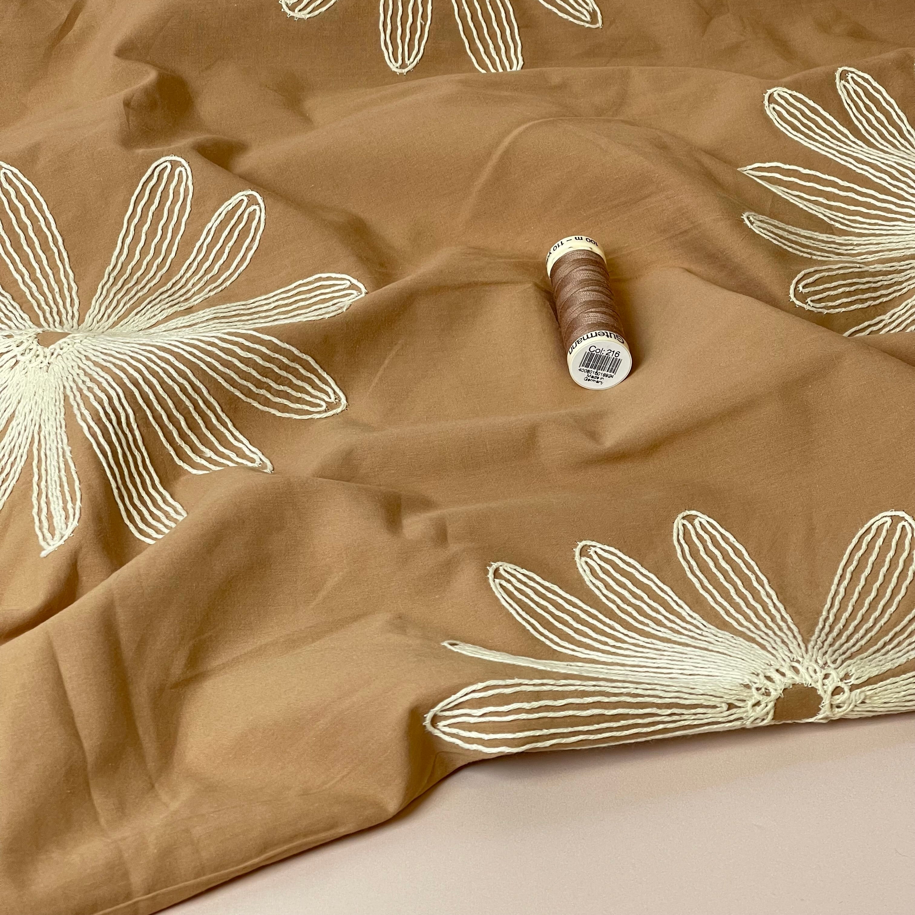 Embroidered Daisies on Light Mocha Cotton Fabric