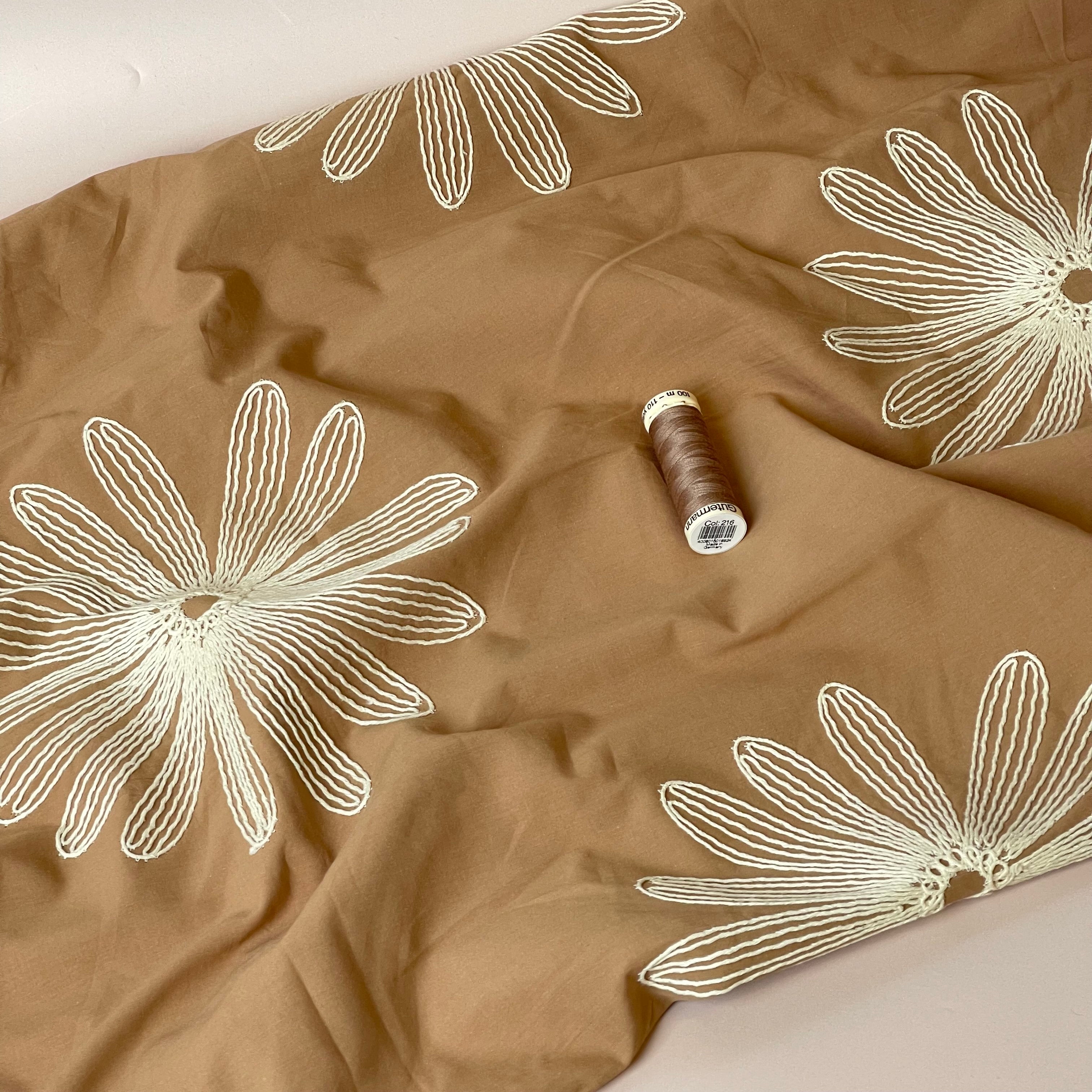 Embroidered Daisies on Light Mocha Cotton Fabric