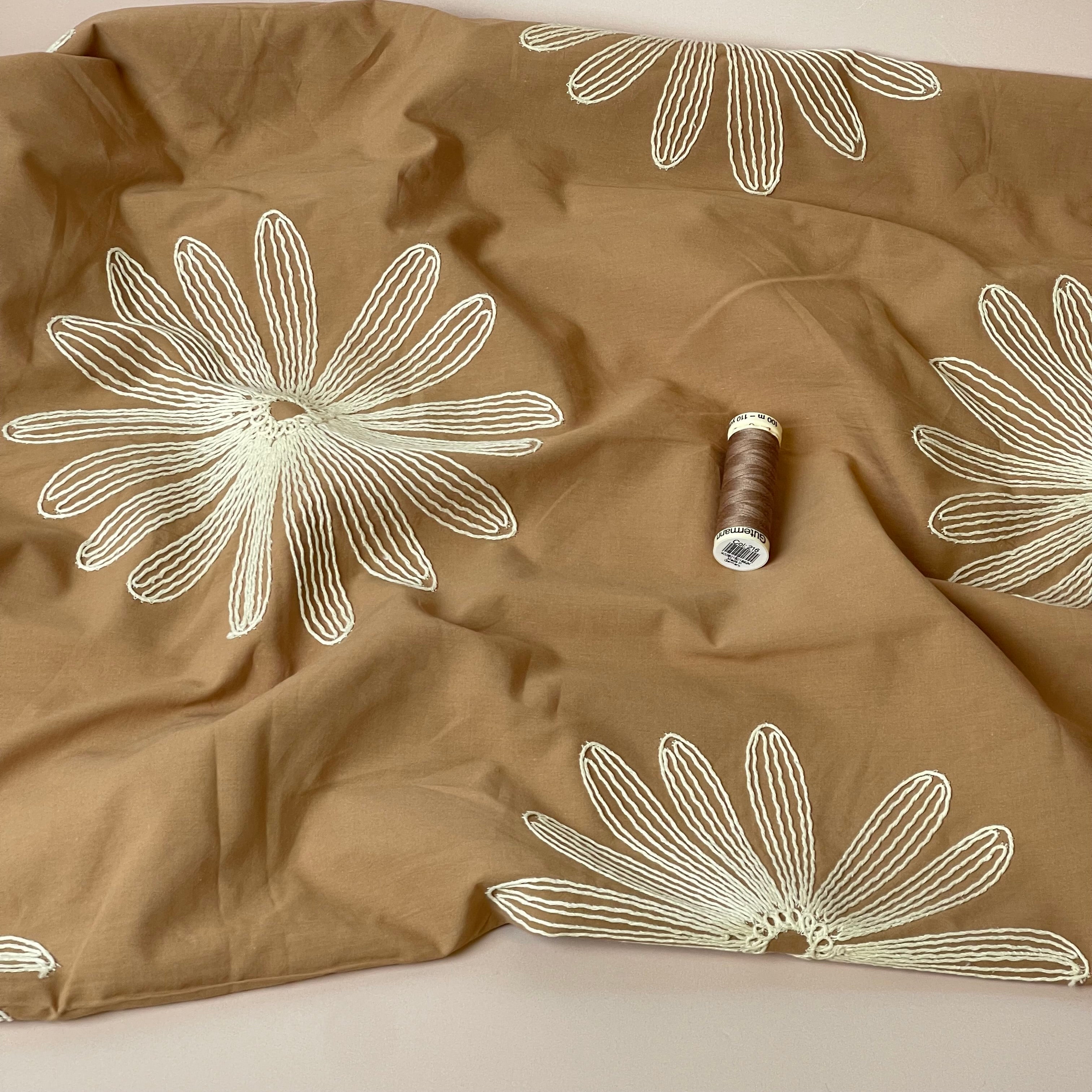 Embroidered Daisies on Light Mocha Cotton Fabric