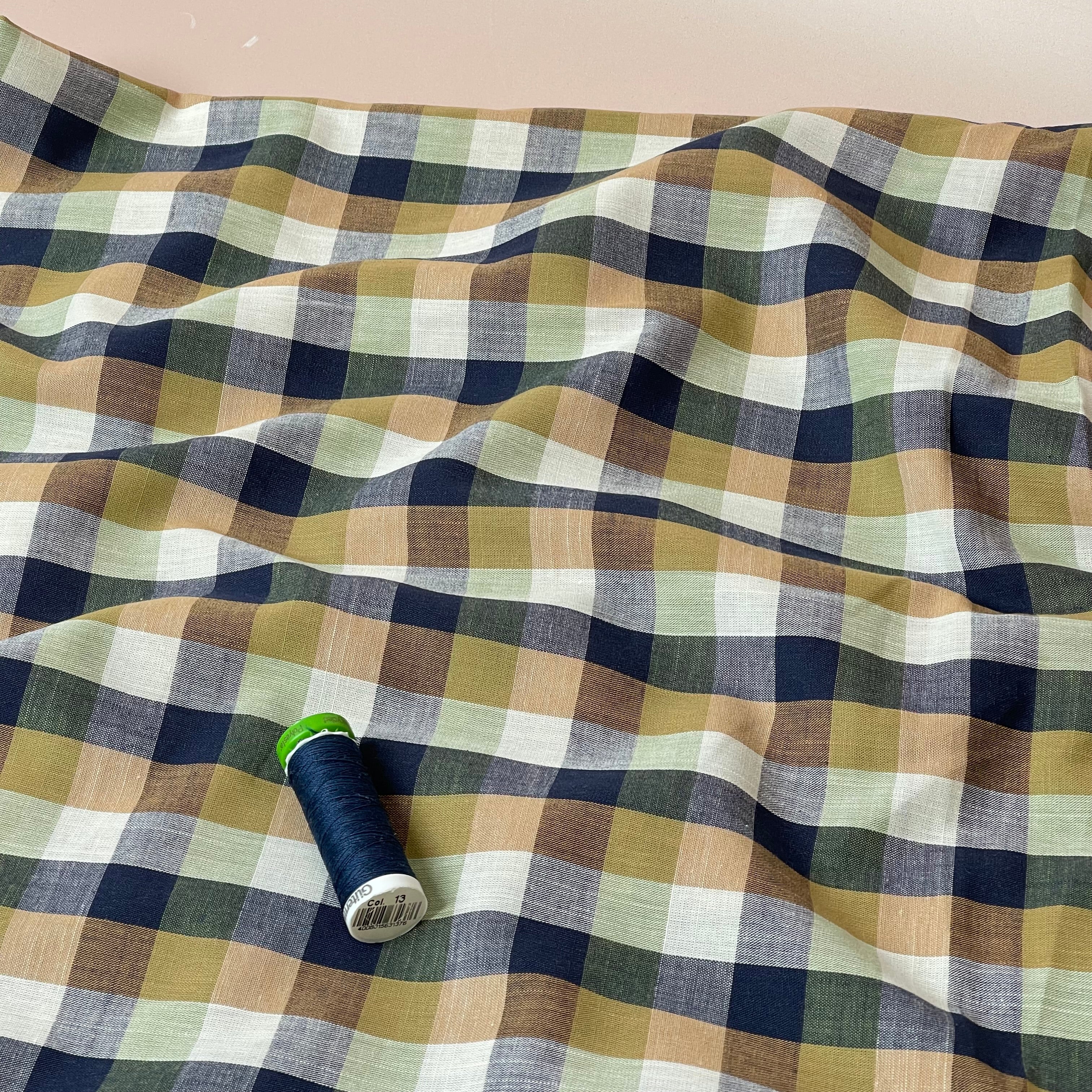 Yarn Dyed Navy and Beige Checks Cotton Fabric